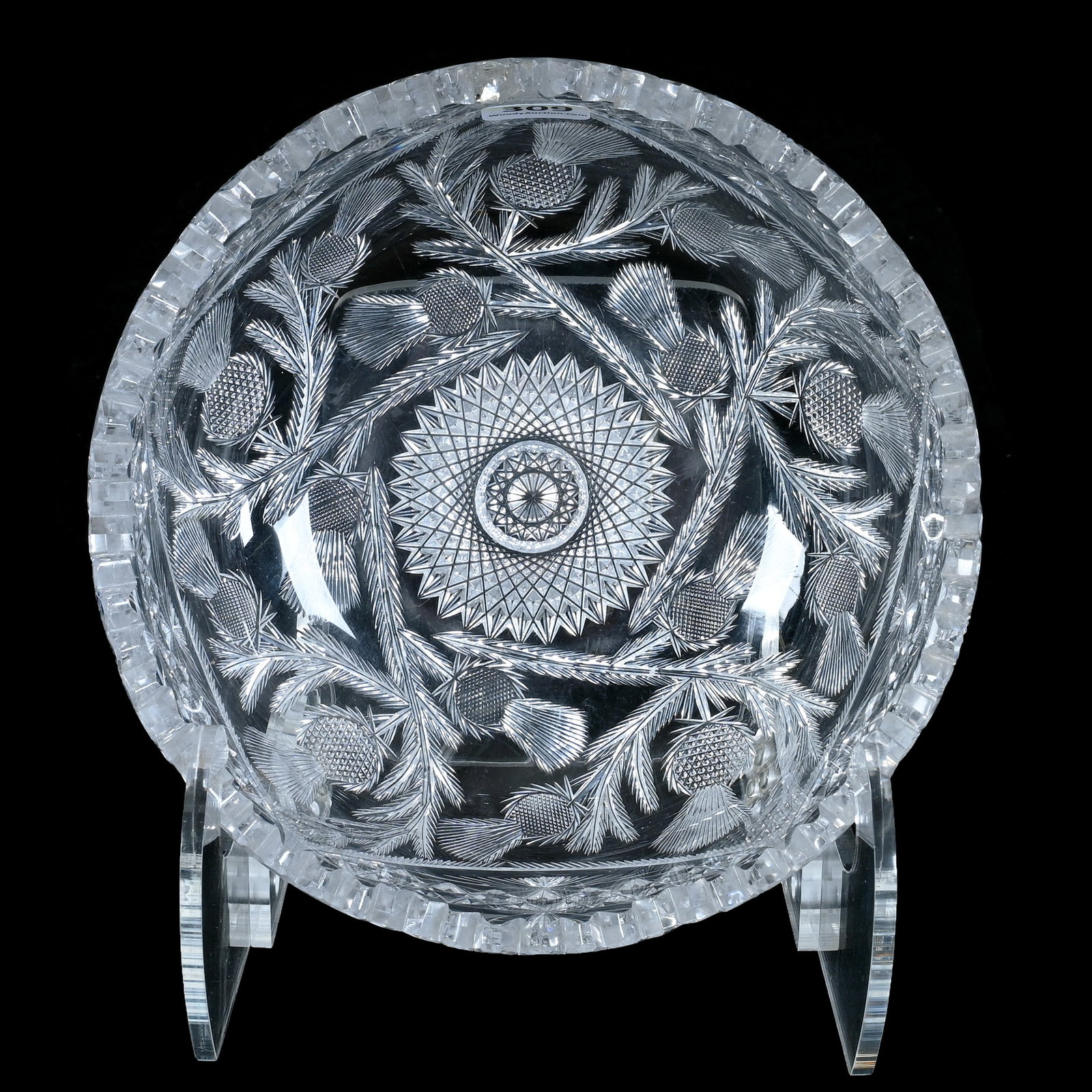 Bowl, American Brilliant Cut Glass, Travis Pattern Designed By W.C. Anderson: Bowl, American Brilliant Cut Glass, Travis Pattern Designed By W.C. Anderson, 7.25 x 7.25 x 3.25 Inches, Small Outside Rim Tooth Chip, One Slanted Tooth Chip, 3.1 Pounds, David Libby Collection, India