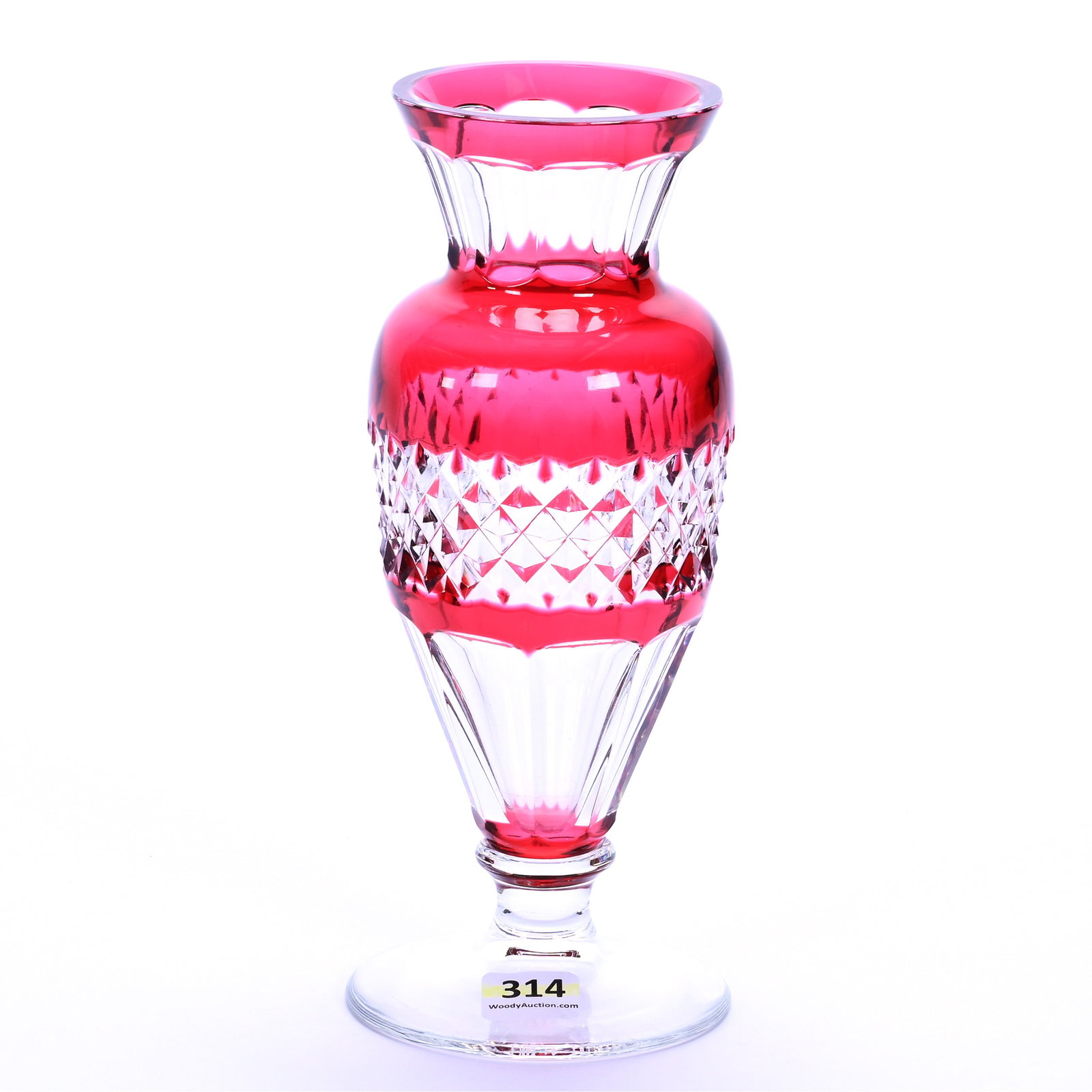 Pedestal Vase, Brilliant Period Cut Glass, Signed Val St. Lambert: Pedestal Vase, Brilliant Period Cut Glass, Signed Val St. Lambert, 8.5 x 3.5 x 3.5 Inches, Cranberry Cut To Clear, Transition Period Cut Panels With Molded Diamond Band, 1.5 Pounds, Mitchell Caughman 