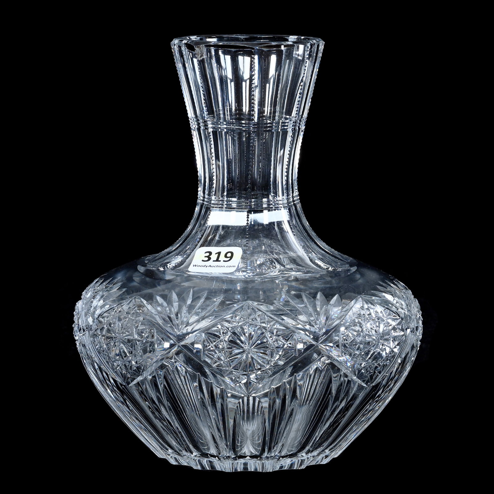 Water Carafe, American Brilliant Cut Glass: Water Carafe, American Brilliant Cut Glass, 7.5 x 6.25 x 6.25 Inches, Hobstar Chain With Channels, Miter, And Fan Highlights, Ray Cut Base, 2.8 Pounds, Mitchell Caughman Collection, Colorado. Effectiv