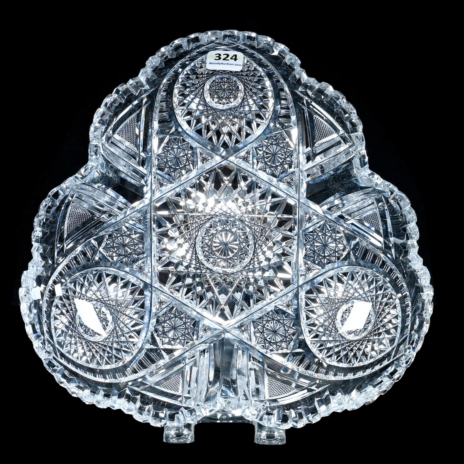 Tri-Corner Bowl, American Brilliant Cut Glass: Tri-Corner Bowl, American Brilliant Cut Glass, 10 x 10 x 2 Inches, Hobstar, Crosscutting, Prism, And Miter Motif, 4 Pounds, Mitchell Caughman Collection, Colorado. Effective 6/6/26, All LiveAuctioneer