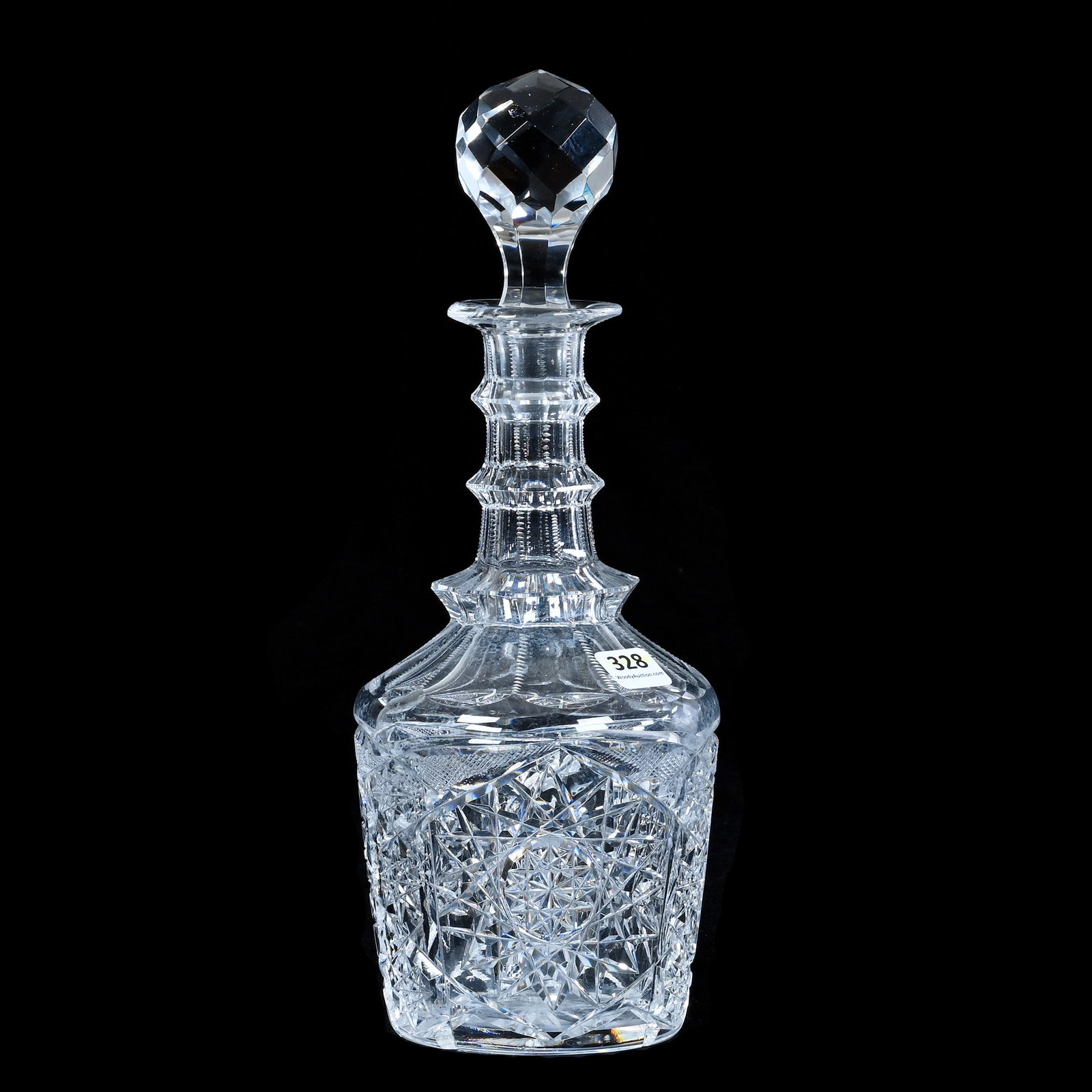 Decanter, American Brilliant Cut Glass: Decanter, American Brilliant Cut Glass, 11.75 x 4.5 x 4.5 Inches, Triple Ring Neck, Hobstar And Crosscutting Motif, Ray Cut Base, Number Matched Stopper, 3.3 Pounds, Mitchell Caughman Collection, Colo