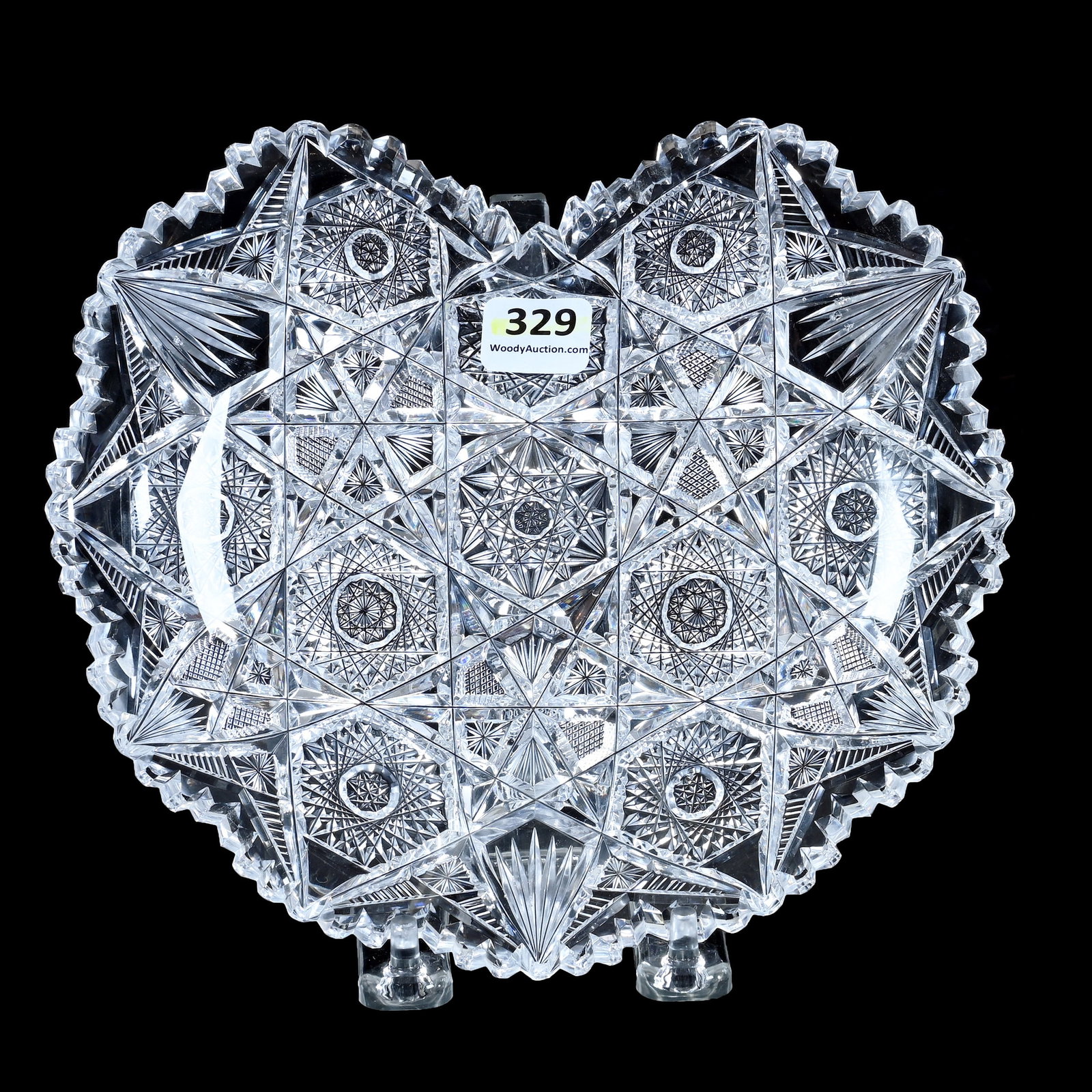 Heart Shaped Plate, American Brilliant Cut Glass: Heart Shaped Plate, American Brilliant Cut Glass, 7.75 x 7 x 1 Inches, Hobstar, Crosscutting, Star, And Fan Motif, Tooth Chip, 1.3 Pounds, Mitchell Caughman Collection, Colorado. Effective 6/6/26, All