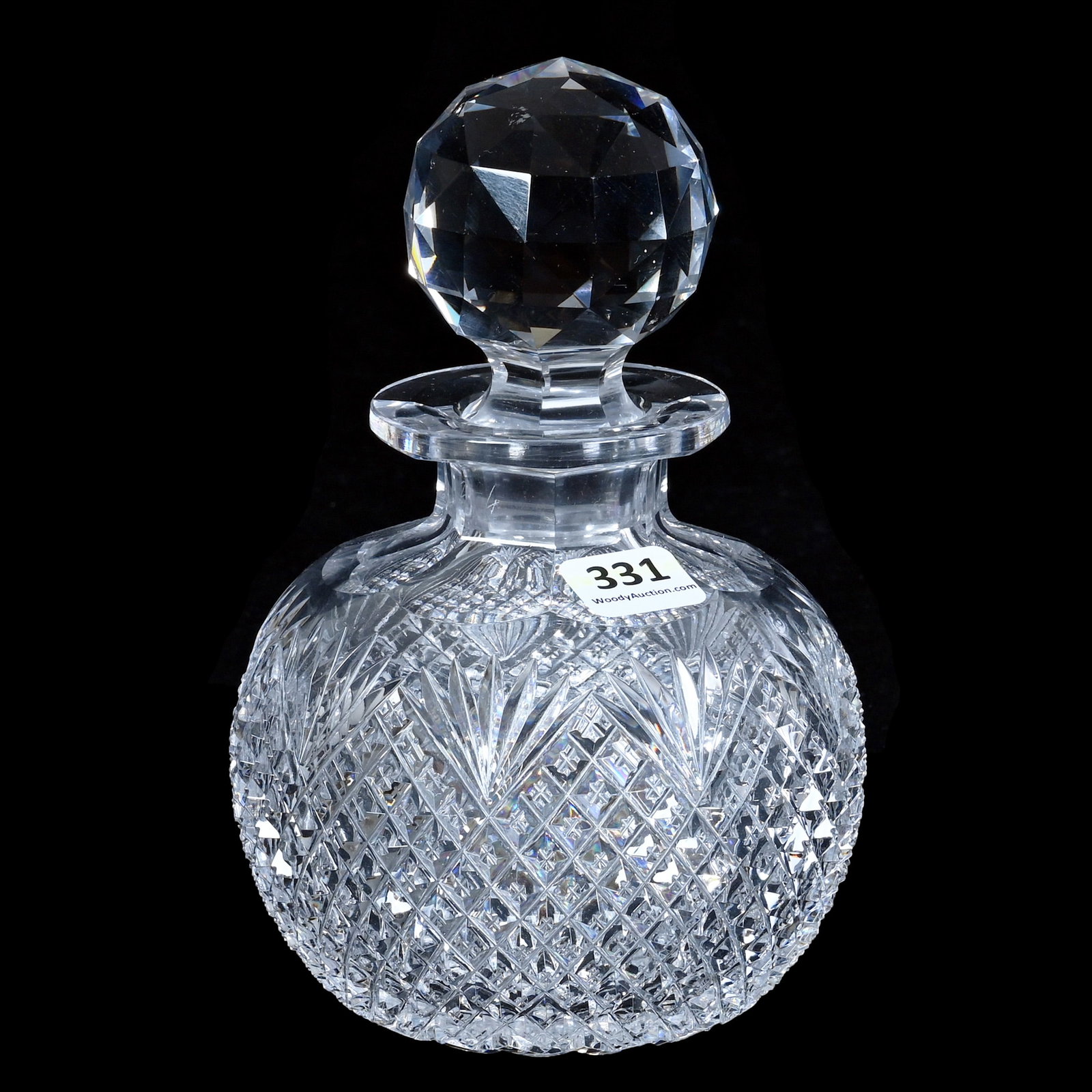 Cologne Bottle, American Brilliant Cut Glass: Cologne Bottle, American Brilliant Cut Glass, 6.75 x 4.5 x 4.5 Inches, Strawberry Diamond And Fan Pattern, Hobstar Base, Clear Blank, 2.3 Pounds, Mitchell Caughman Collection, Colorado. Effective 6/6/