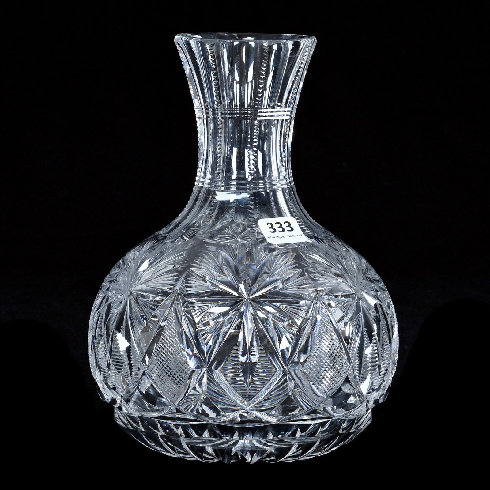 Water Carafe, American Brilliant Cut Glass: Water Carafe, American Brilliant Cut Glass, 8.25 x 6 x 6 Inches, Crosscutting, Split Diamond, And Fan Motif Attributed To Mt. Washington, Ray Cut Base, 3.5 Pounds, Mitchell Caughman Collection, Colora