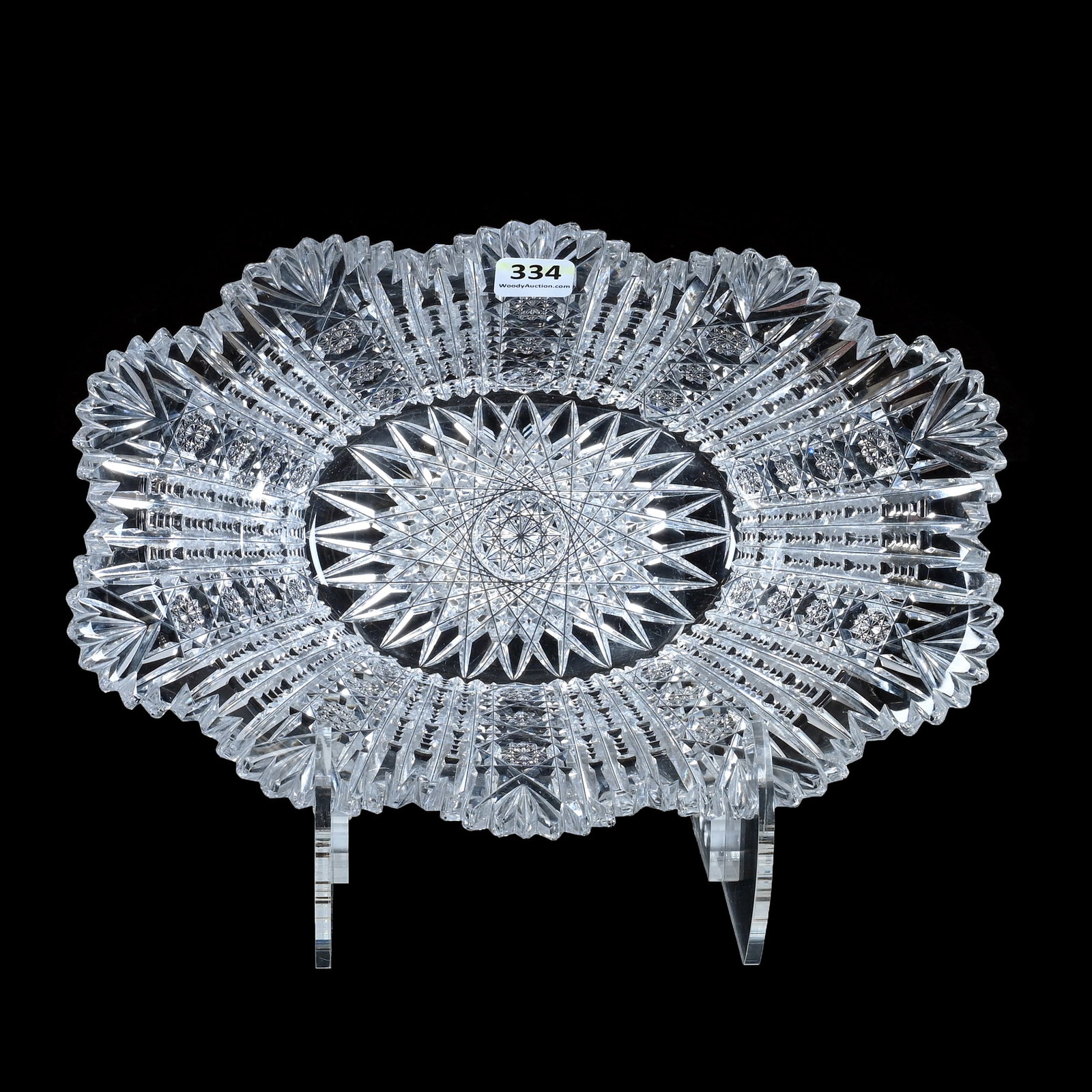 Oval Bowl, American Brilliant Cut Glass: Oval Bowl, American Brilliant Cut Glass, 10.5 x 7 x 3.75 Inches, Alternating Panels Of Hobstar And Prism Motif With Fan Highlights, Hobstar Base, 3.5 Pounds, Mitchell Caughman Collection, Colorado. Ef