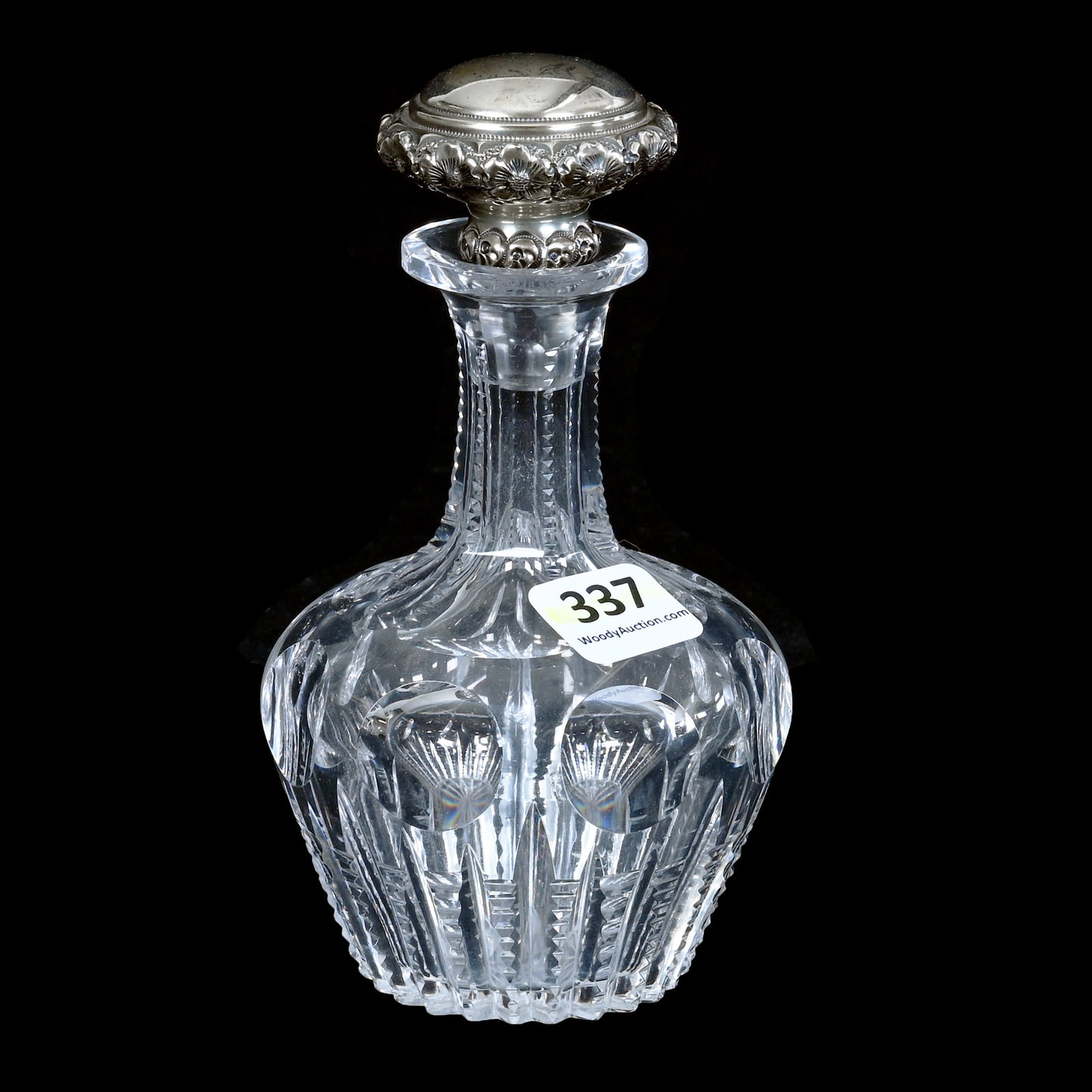 Perfume Bottle, American Brilliant Cut Glass, Cambridge Pattern By Pairpoint: Perfume Bottle, American Brilliant Cut Glass, Cambridge Pattern By Pairpoint, 5.25 x 3.25 x 3.25 Inches, Sterling Silver Stopper, Ray Cut Base, 0.8 Pounds, Mitchell Caughman Collection, Colorado. Effe
