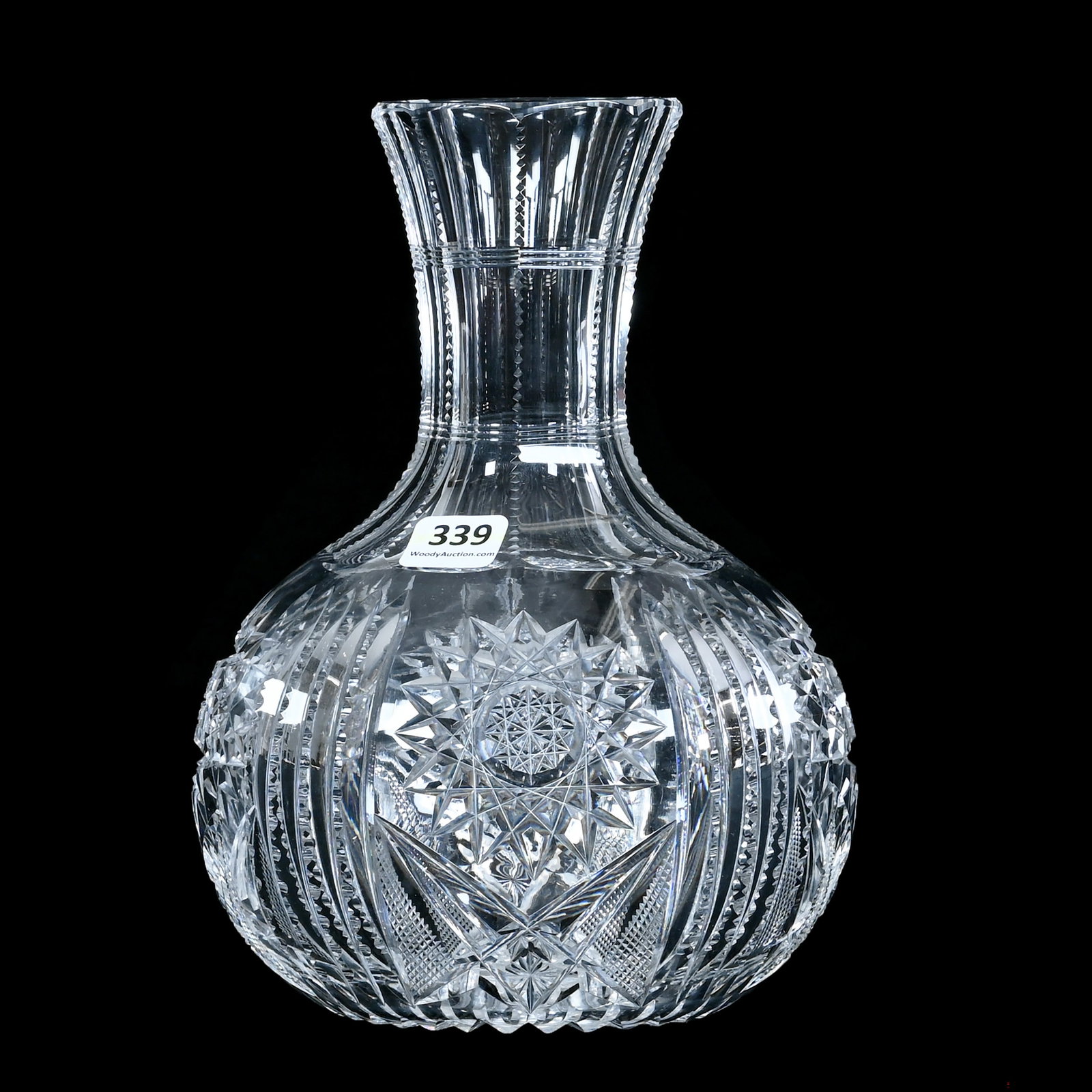 Water Carafe, American Brilliant Cut Glass: Water Carafe, American Brilliant Cut Glass, 8.25 x 6 x 6 Inches, Hobstar, Prism, Crosscutting, And Star Motif, Ray Cut Base, 2.8 Pounds, Mitchell Caughman Collection, Colorado. Effective 6/6/26, All L