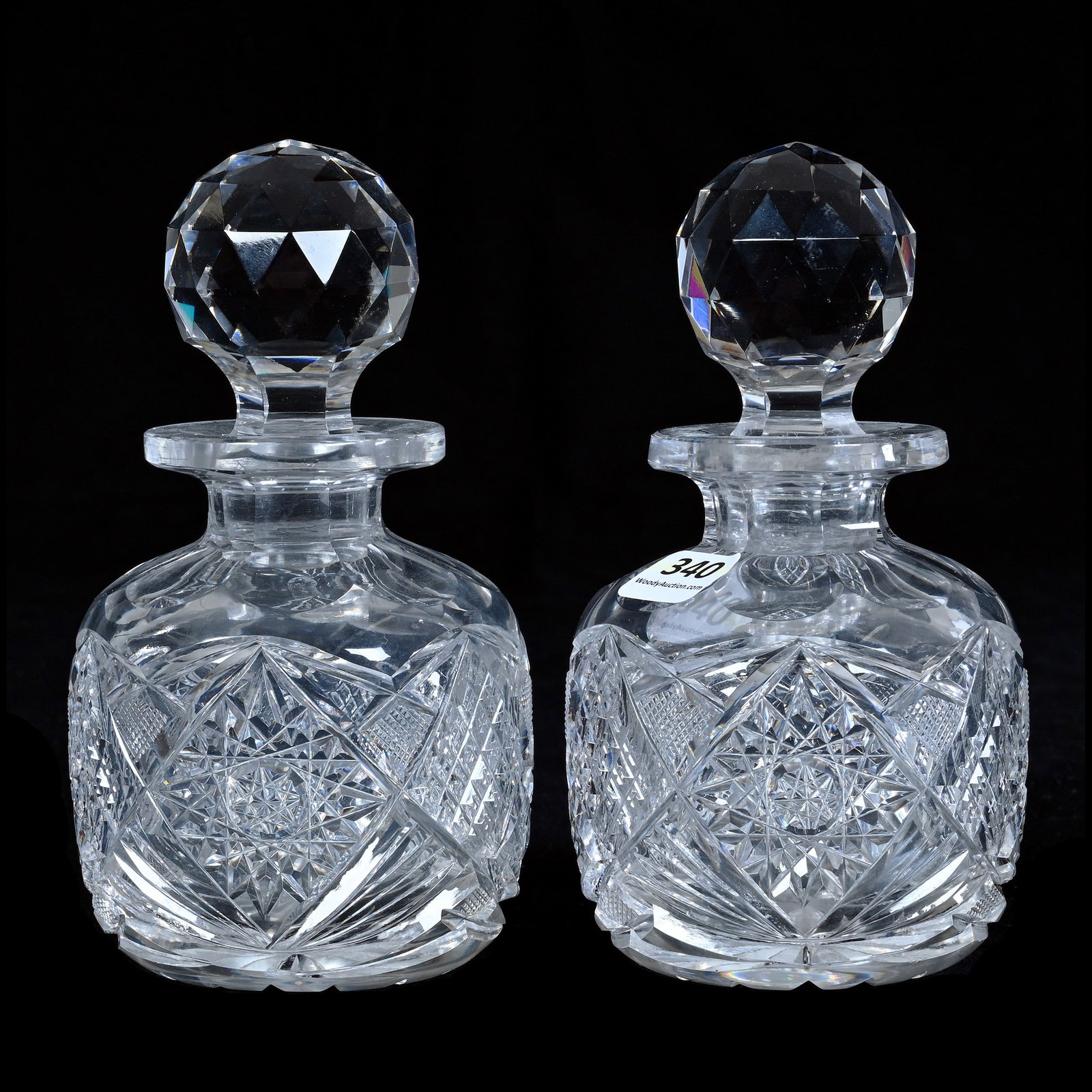 Pair Cologne Bottles, American Brilliant Cut Glass, Pattern Resembles Corinthian By Libbey: Pair Cologne Bottles, American Brilliant Cut Glass, Pattern Resembles Corinthian By Libbey, 6.25 x 3.5 x 3.5 Inches, Ray Cut Base, One Stopper Plug With Chip, 4 Pounds, Mitchell Caughman Collection, C