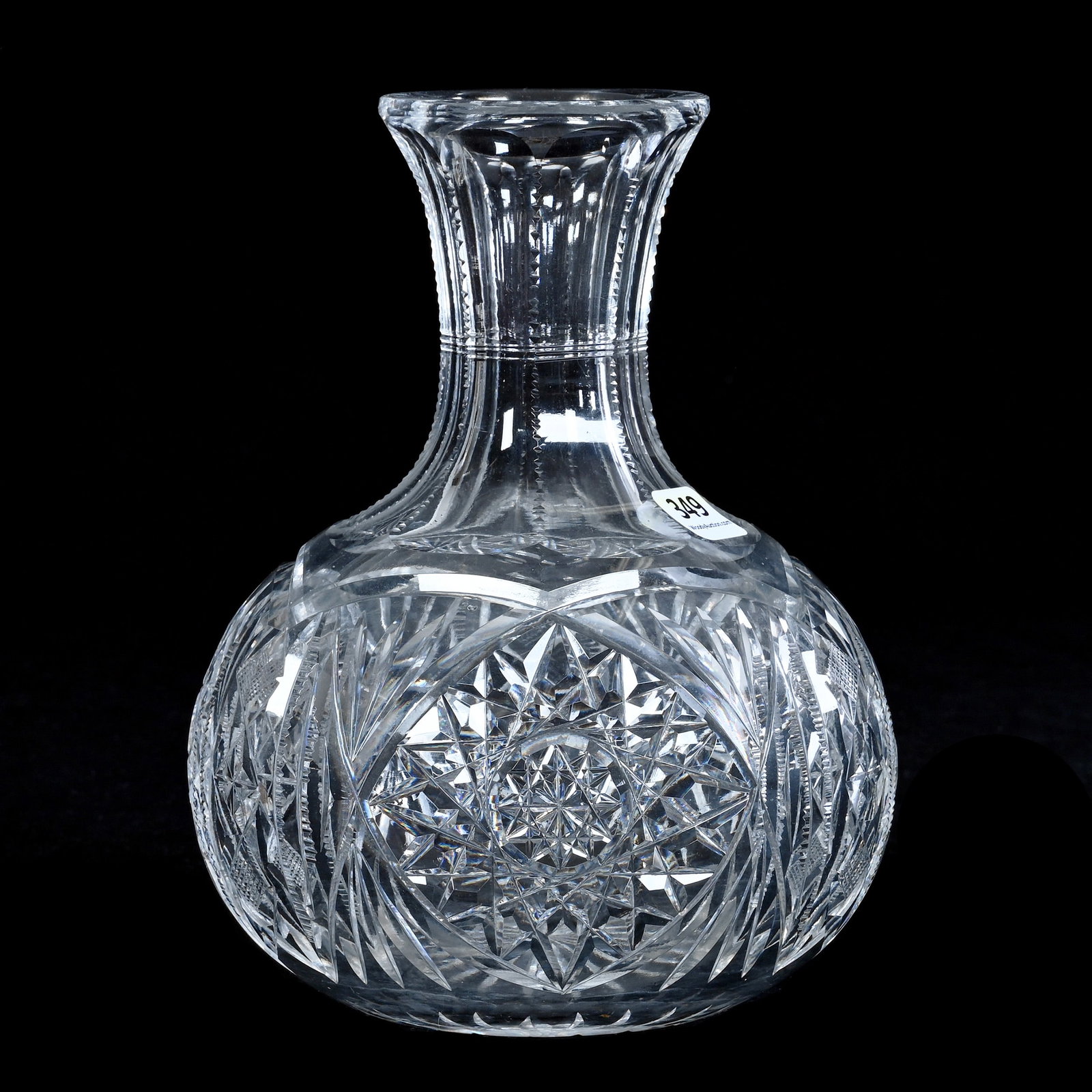 Water Carafe, American Brilliant Cut Glass: Water Carafe, American Brilliant Cut Glass, 7.75 x 5.75 x 5.75 Inches, Hobstar, Prism, Crosscutting, Star, And Fan Motif, Ray Cut Base, 3.1 Pounds, Mitchell Caughman Collection, Colorado. Effective 6/