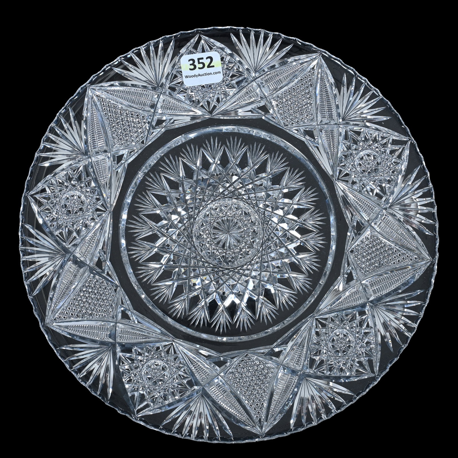 Sandwich Plate, American Brilliant Cut Glass: Sandwich Plate, American Brilliant Cut Glass, 9 x 9 x 1 Inches, Flashed Hobstar Center With Hobstar, Nailhead Diamond, Vesica, Zipper, And Fan Border, Clear Blank, 2.3 Pounds, Mitchell Caughman Collec