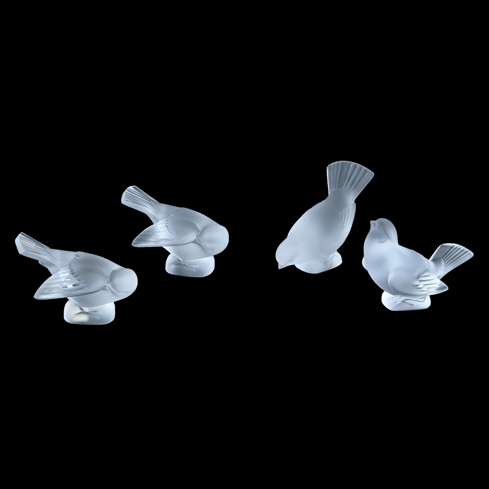 (4) Art Glass Sparrow Figurines, Signed Lalique France: (4) Art Glass Sparrow Figurines, Signed Lalique France, 3.75 x 4.5 x 2 Inches, Includes (1) Head Down, (1) Head Up, And (2) Head Under Wing, One Head Underwing Figurine Has Small Chip On Tail, 4 Pound