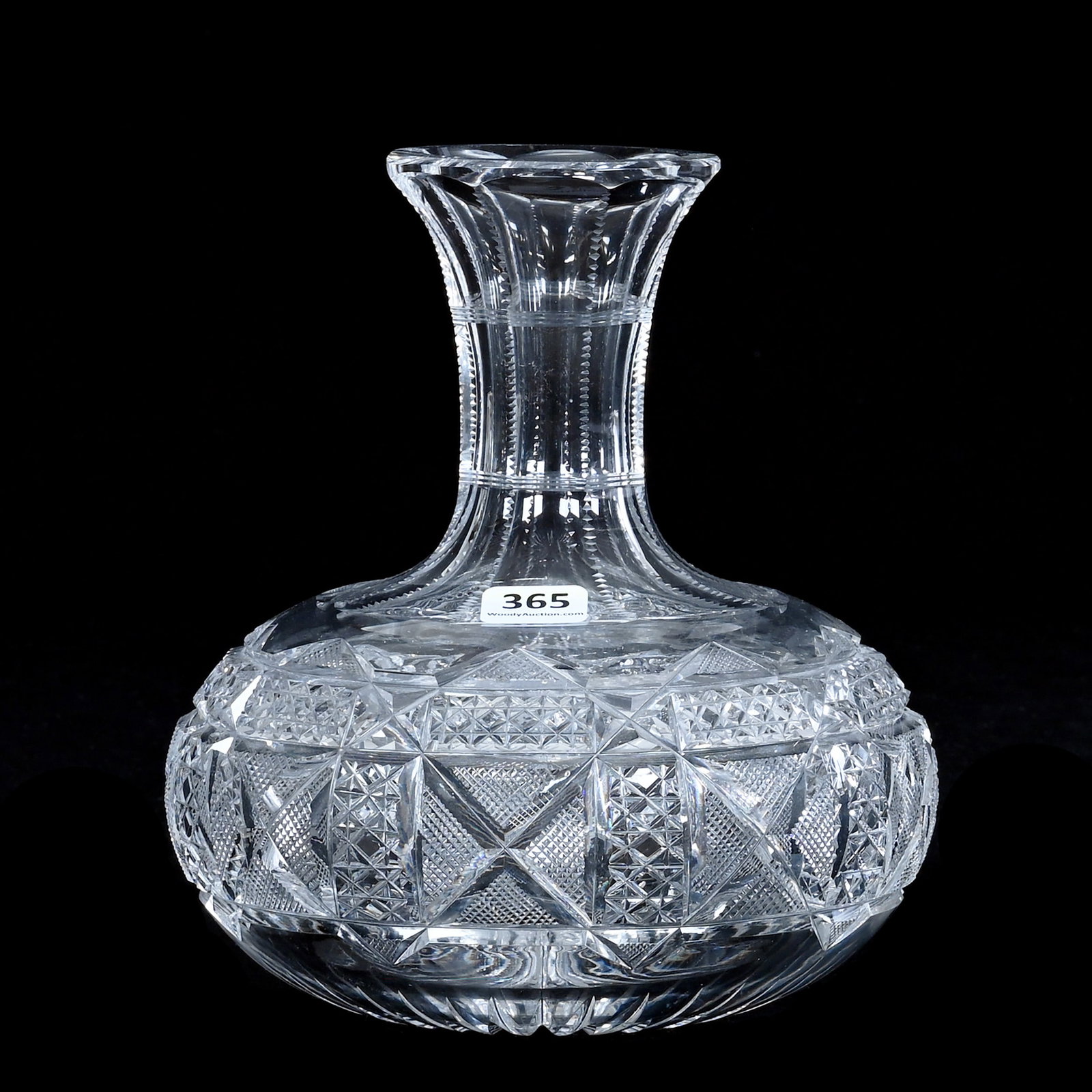 Water Carafe, American Brilliant Cut Glass: Water Carafe, American Brilliant Cut Glass, 7.25 x 6.5 x 6.5 Inches, Quarter Diamond, Crosscutting, And Diamond Motif, Ray Cut Base, 3 Pounds, Mitchell Caughman Collection, Colorado. Effective 6/6/26,