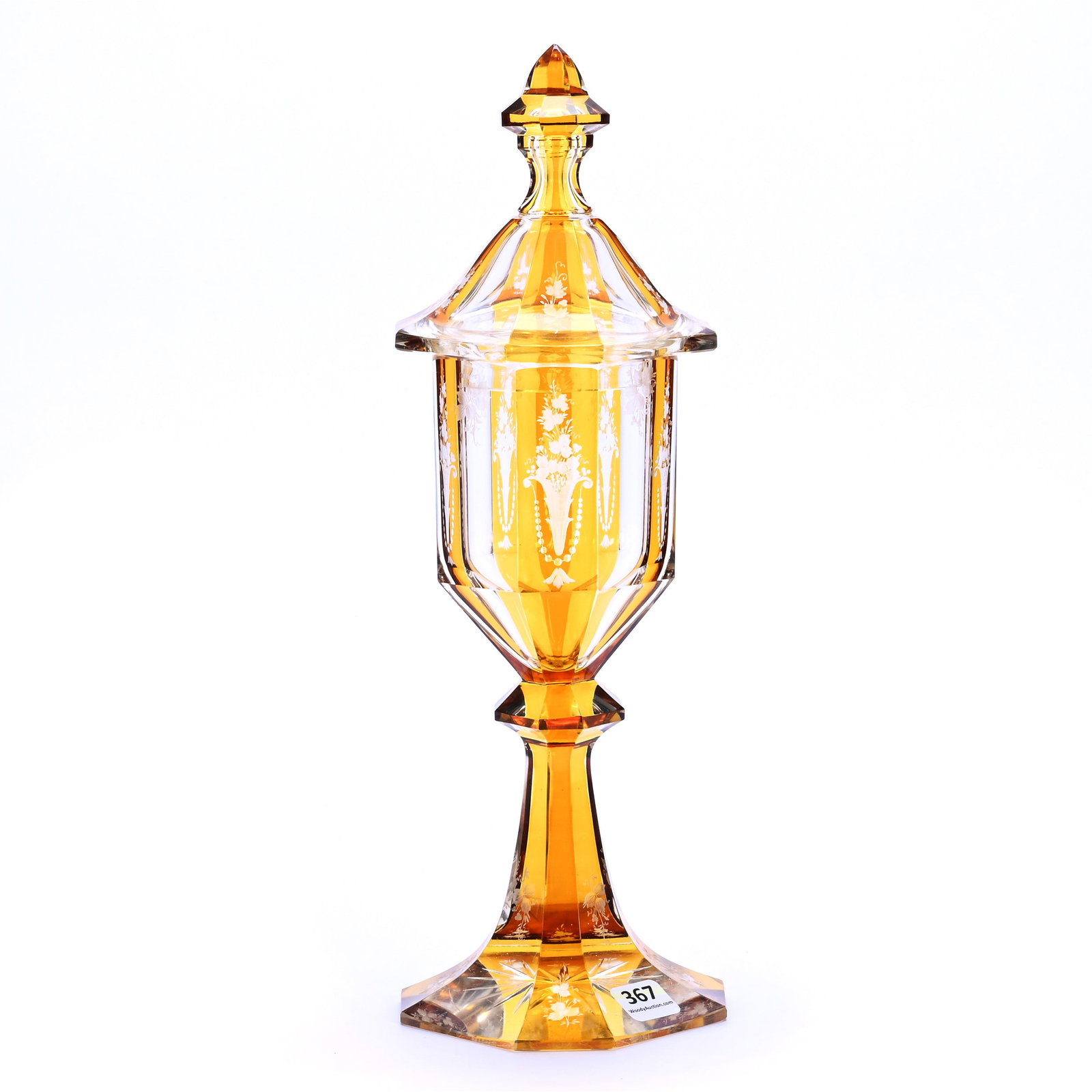 Covered Pokal, 19rth Century Bohemian Art Glass: Covered Pokal, 19rth Century Bohemian Art Glass, 13.25 x 4 x 4 Inches, Amber Stained Cut To Clear, Engraved Floral Highlights, Surface Chip On Inner Lid Ring, 2.4 Pounds, Mitchell Caughman Collection,