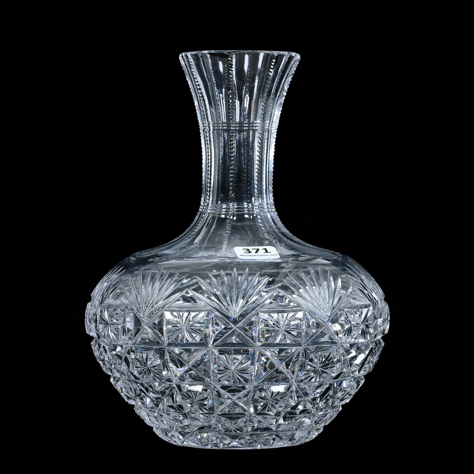 Water Carafe, American Brilliant Cut Glass: Water Carafe, American Brilliant Cut Glass, 8.25 x 6.5 x 6.5 Inches, Checkerboard-Type Pattern With Star And Fan Highlights, Ray Cut Base, 2.6 Pounds, Mitchell Caughman Collection, Colorado. Effective