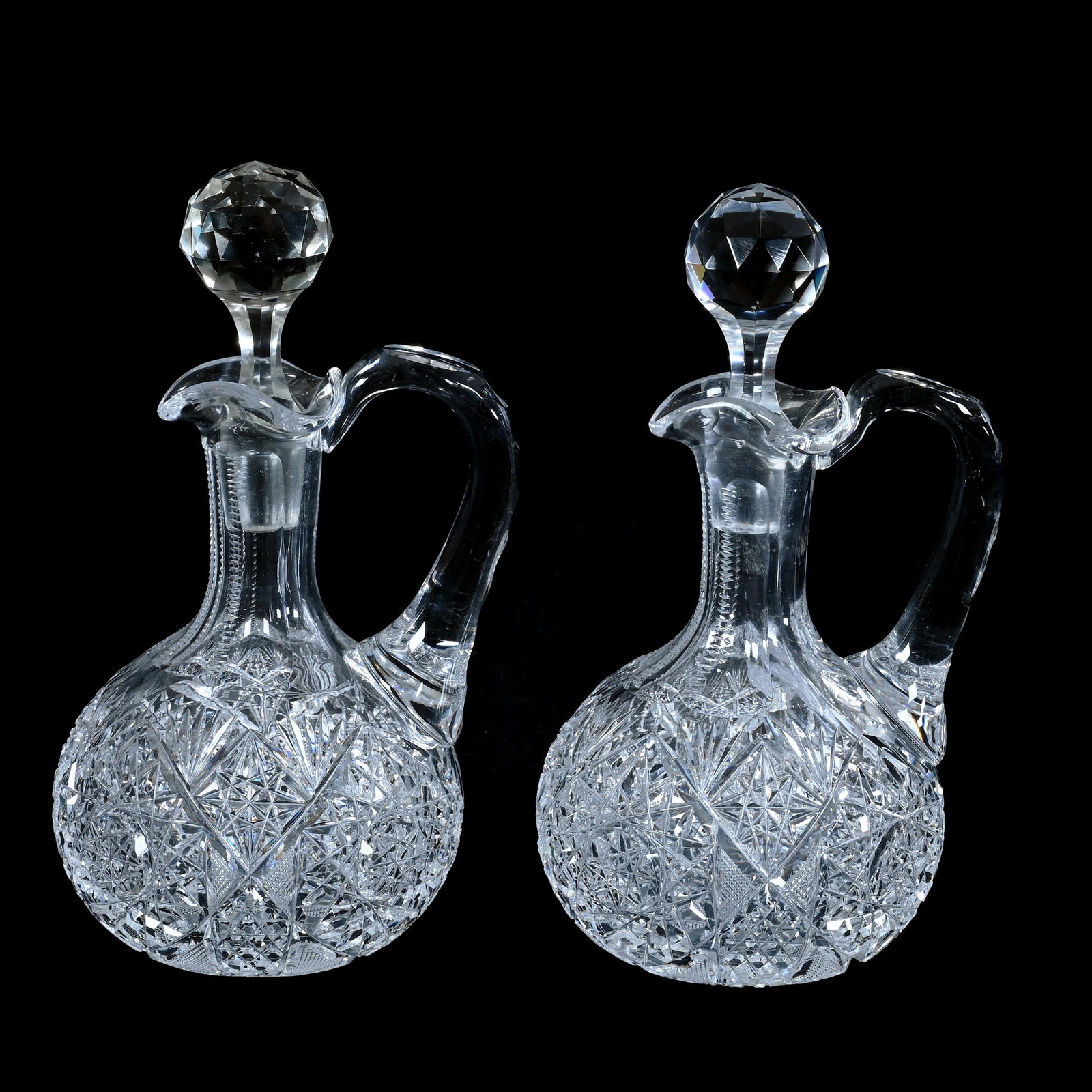 Pair Cruet Bottles, American Brilliant Cut Glass: Pair Cruet Bottles, American Brilliant Cut Glass, 7 x 4 x 3.75 Inches, Hobstar, Nailhead Diamond, Crosscutting, And Fan Motif, Stopper Plug Chip, 2.8 Pounds, Mitchell Caughman Collection, Colorado. Ef