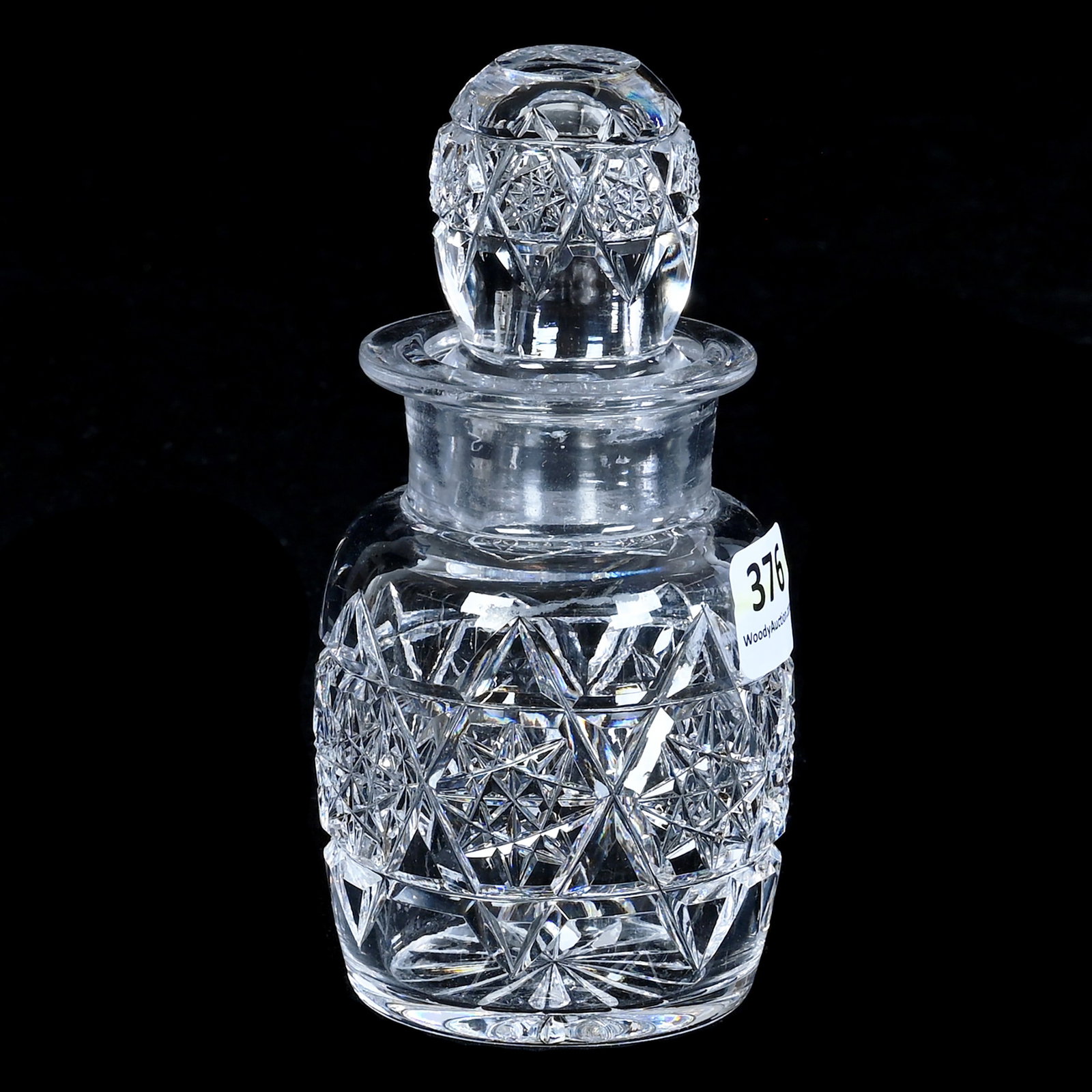 Horseradish Jar: Horseradish Jar, 5 x 2.5 x 2.5 Inches, Hobstar Chain With Pattern Matched Stopper, Ray Cut Base, 0.8 Pounds, Mitchell Caughman Collection, Colorado. Effective 6/6/26, All LiveAuctioneers Invoices Must