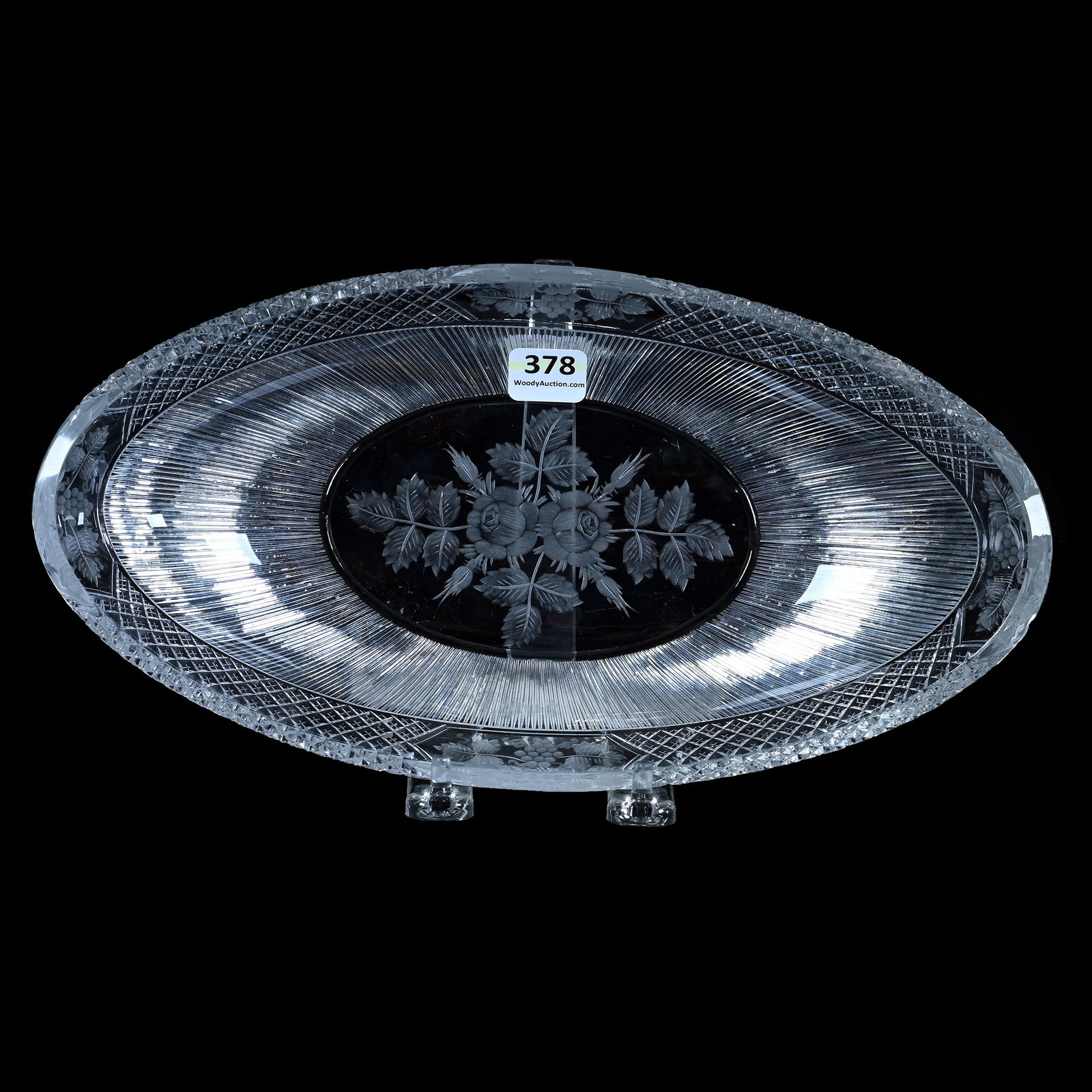 Celery Tray, American Brilliant Cut Glass, Signed Sinclaire, Diamonds And Silver Threads Pattern: Celery Tray, American Brilliant Cut Glass, Signed Sinclaire, Diamonds And Silver Threads Pattern, 11.25 x 6 x 2 Inches, Outside Rim Chip, 2.1 Pounds, Mitchell Caughman Collection, Colorado. Effective 