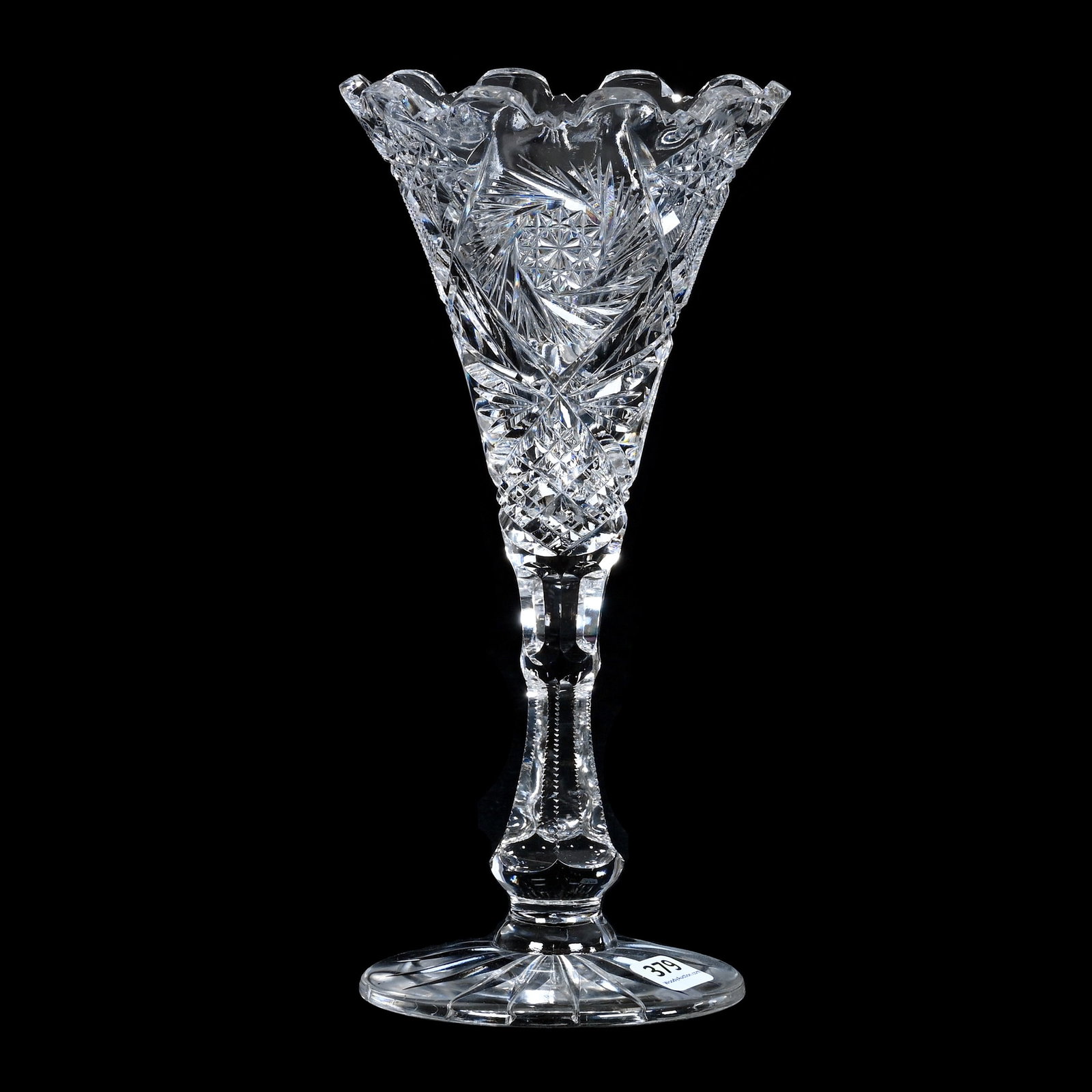 Trumpet Vase, American Brilliant Cut Glass: Trumpet Vase, American Brilliant Cut Glass, 10 x 4.75 x 4.75 Inches, Pinwheel, Crosscutting, Diamond, Miter, And Fan Motif, Ray Cut Foot, Chips On Foot, 2.3 Pounds, Mitchell Caughman Collection, Color