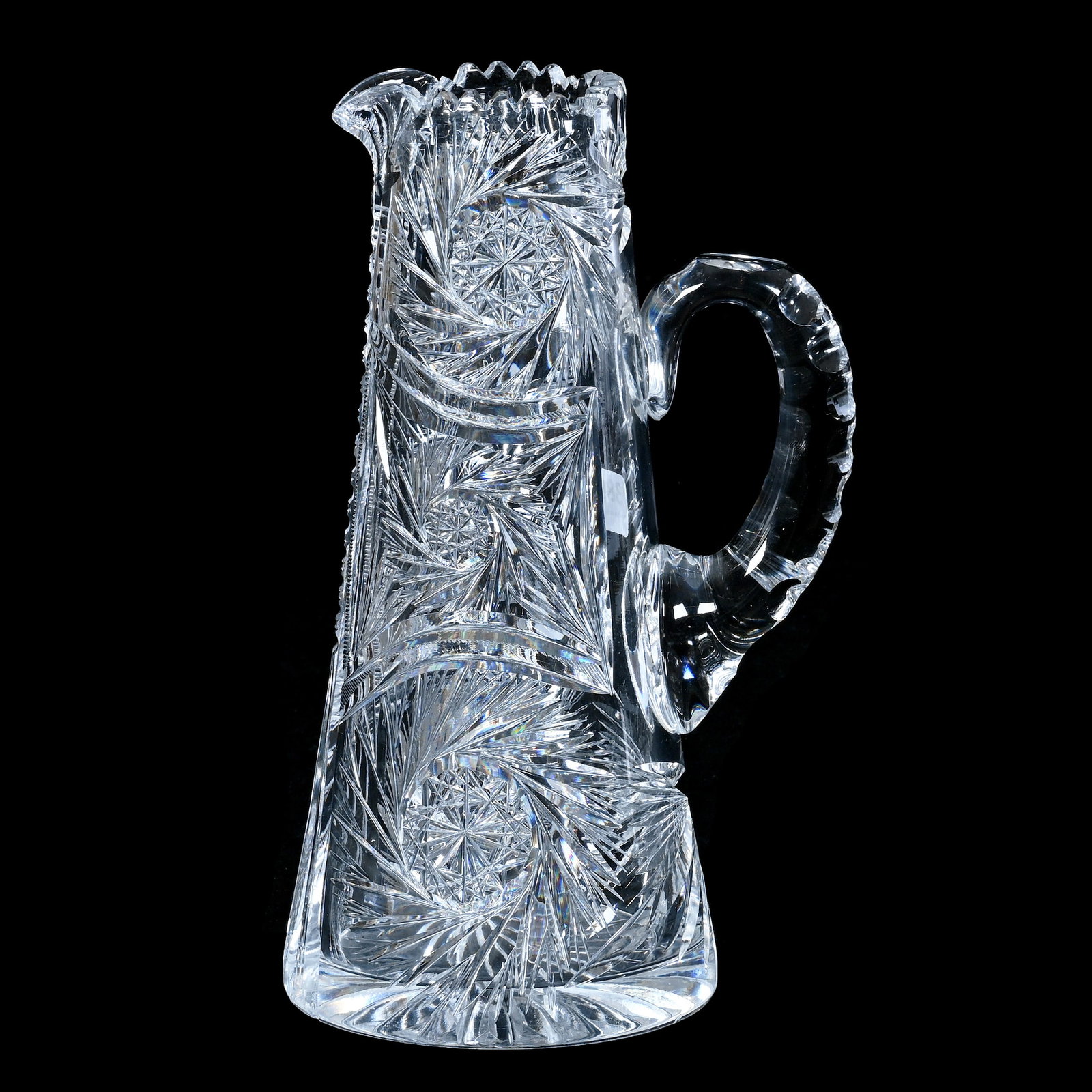 Small Tankard, American Brilliant Cut Glass: Small Tankard, American Brilliant Cut Glass, 9.75 x 5.5 x 4.5 Inches, Pinwheel And Prism Motif, Double Notched Handle, Ray Cut Base, 4.1 Pounds, Mitchell Caughman Collection, Colorado. Effective 6/6/2