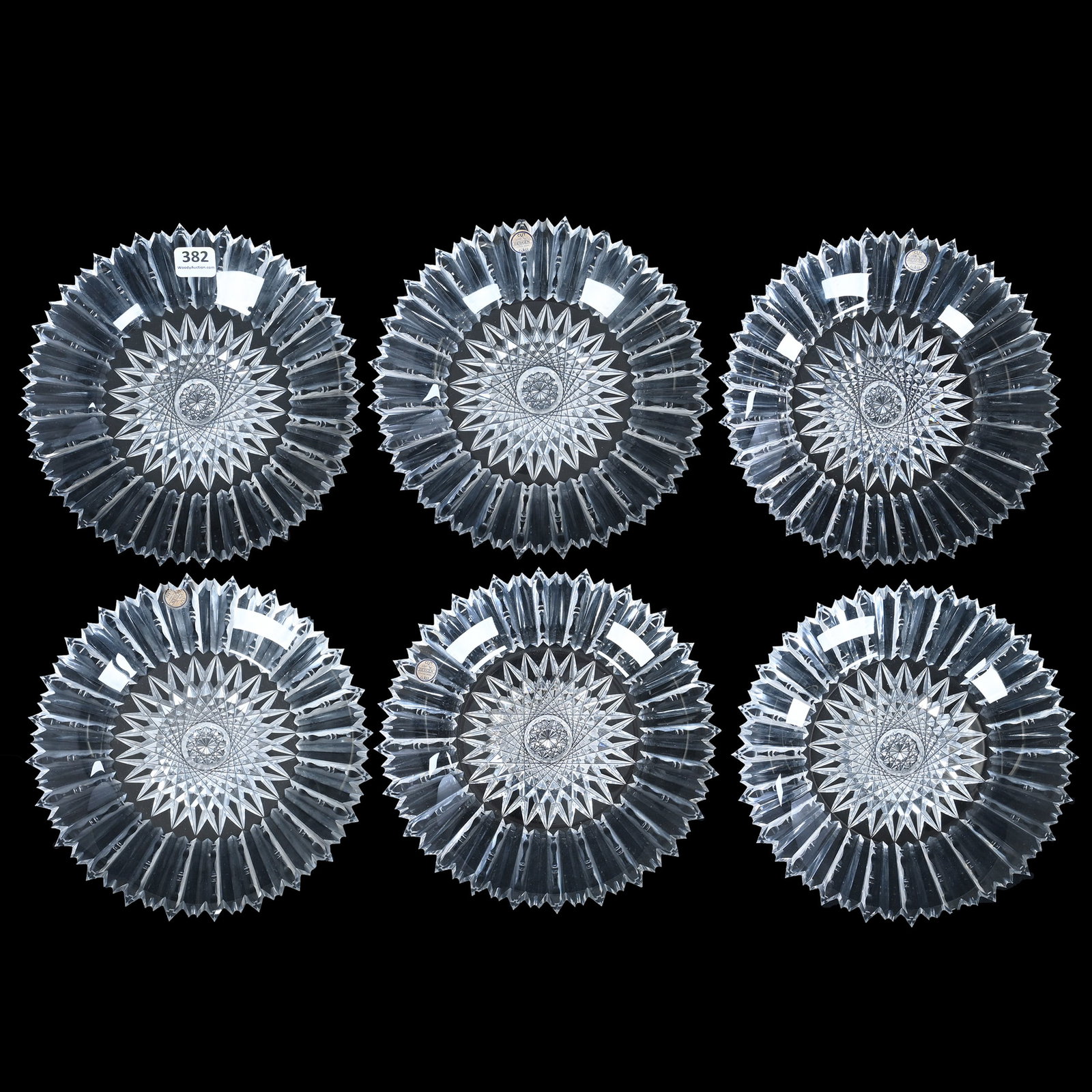 (6) Plates, American Brilliant Cut Glass, By Bergen: (6) Plates, American Brilliant Cut Glass, By Bergen, 7.25 x 7.25 x 1.25 Inches, Hobstar Center With Prism Border, Sharp Cut Edge, (4) Have Original Bergen Paper Labels, 7.1 Pounds, Mitchell Caughman C