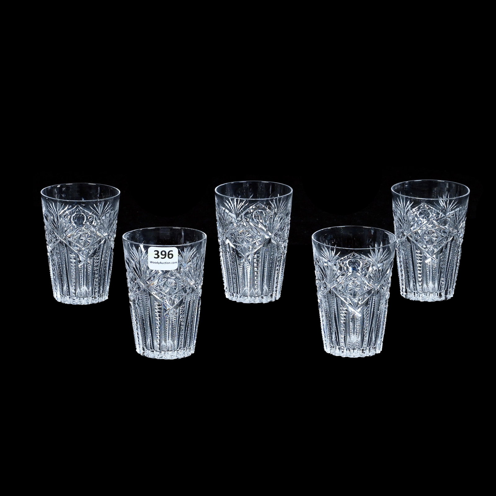 (5) Juice Glasses, American Brilliant Cut Glass, Hindoo Pattern By J. Hoare: (5) Juice Glasses, American Brilliant Cut Glass, Hindoo Pattern By J. Hoare, 3.5 x 2.5 x 2.5 Inches, Ray Cut Base, 1.6 Pounds, Private Collection, New Jersey. Effective 6/6/26, All LiveAuctioneers Inv