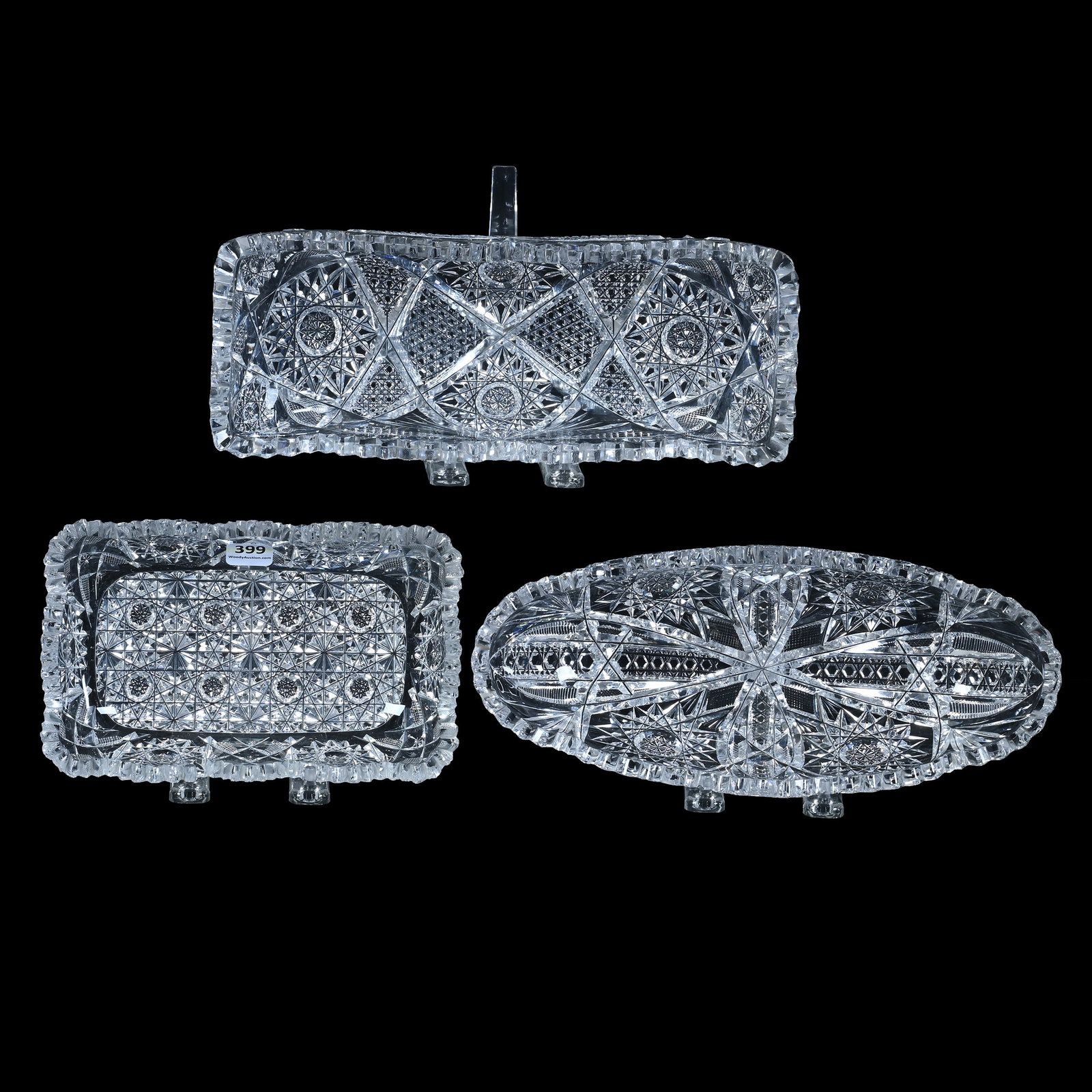 (3) Trays, American Brilliant Cut Glass: (3) Trays, American Brilliant Cut Glass, 11.25 x 4.25 x 2.5 Inches, (1) Deep Rectangular Form With Hobstar, Nailhead Diamond, Crosscutting, And Fan Motif, One Tooth Repair, (1) 11? x 4.5? x 2.25", Hob
