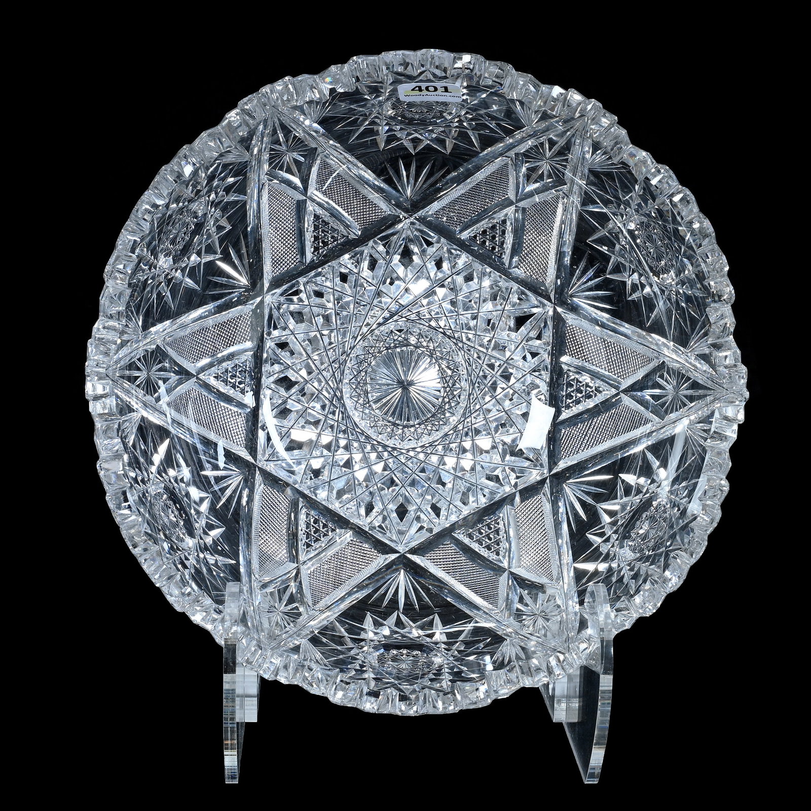 Bowl, American Brilliant Cut Glass: Bowl, American Brilliant Cut Glass, 9 x 9 x 4 Inches, Hobstar, Crosscutting, Nailhead Diamond, Star, And Fan Motif, 4 Pounds, Private Collection, New Jersey. Effective 6/6/26, All LiveAuctioneers Invo