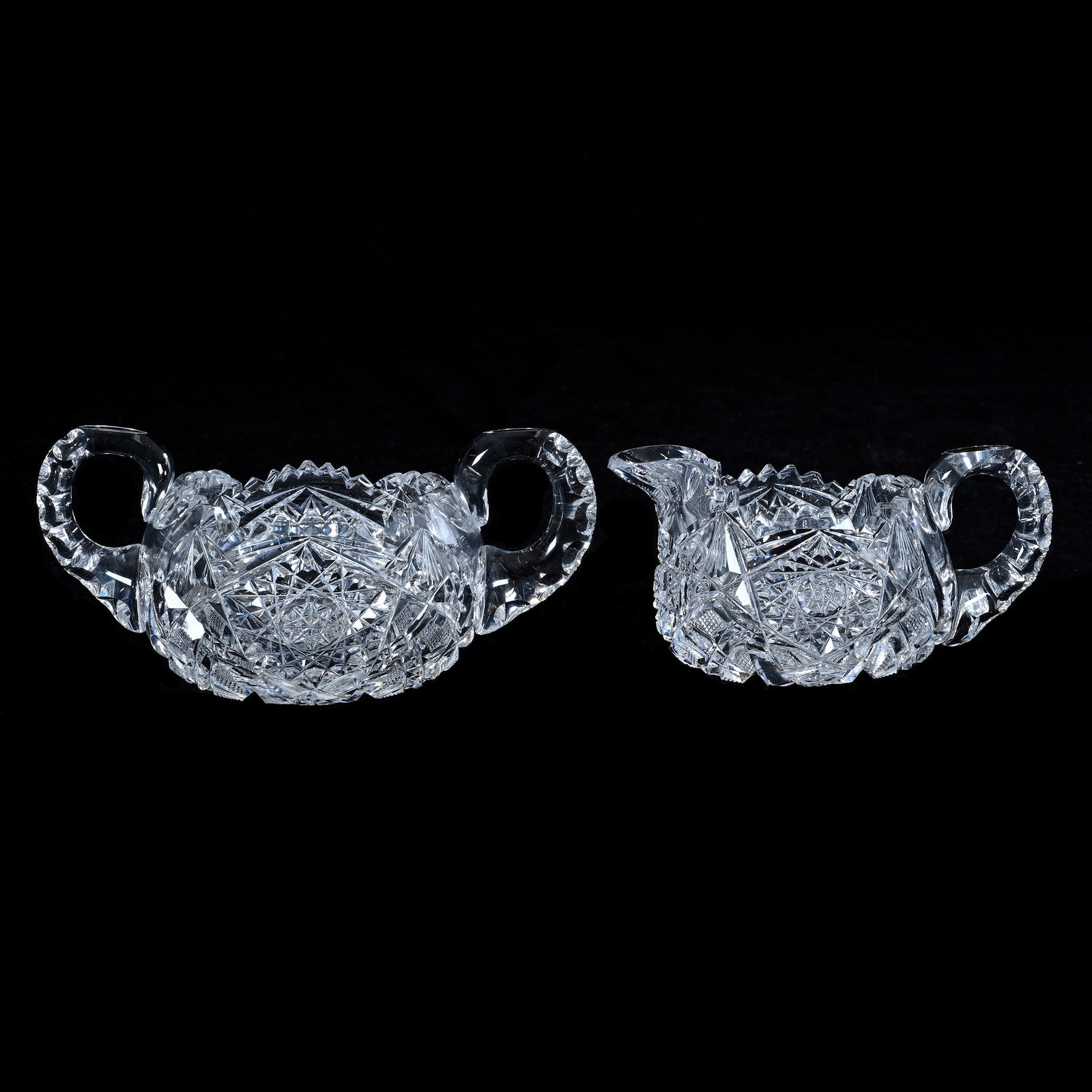 Creamer And Sugar, American Brilliant Cut Glass: Creamer And Sugar, American Brilliant Cut Glass, 6.75 x 3.25 x 4 Inches, Hobstar, Crosscutting, Bar, And Fan Motif, Double Notched Handles, Pattern Cut Bases, 2.5 Pounds, Private Collection, New Jerse