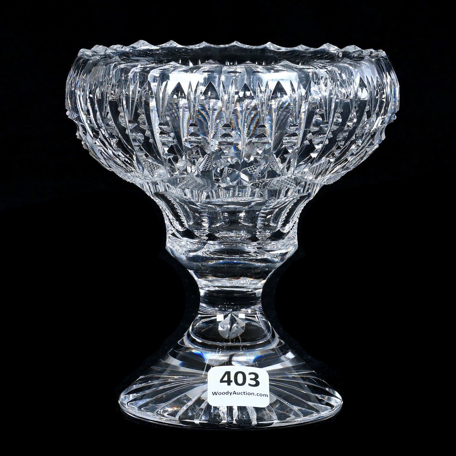 Bon Bon, American Brilliant Cut Glass: Bon Bon, American Brilliant Cut Glass, 5.25 x 4.75 x 4.75 Inches, Prism And Crosscutting Motif, Petticoat Ray Cut Foot, 1.7 Pounds, Private Collection, New Jersey. Effective 6/6/26, All LiveAuctioneer