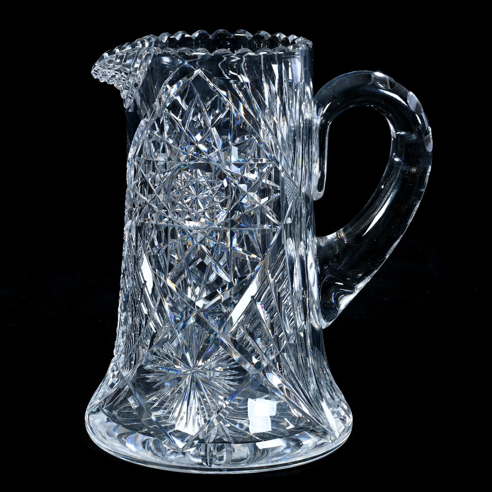 Water Pitcher, American Brilliant Cut Glass: Water Pitcher, American Brilliant Cut Glass, 9.25 x 7.5 x 6 Inches, Hobstar, Prism, Star, And Fan Motif, Double Notched Handle, Ray Cut Base, Heavy Blank, 7.3 Pounds, Private Collection, New Jersey. E
