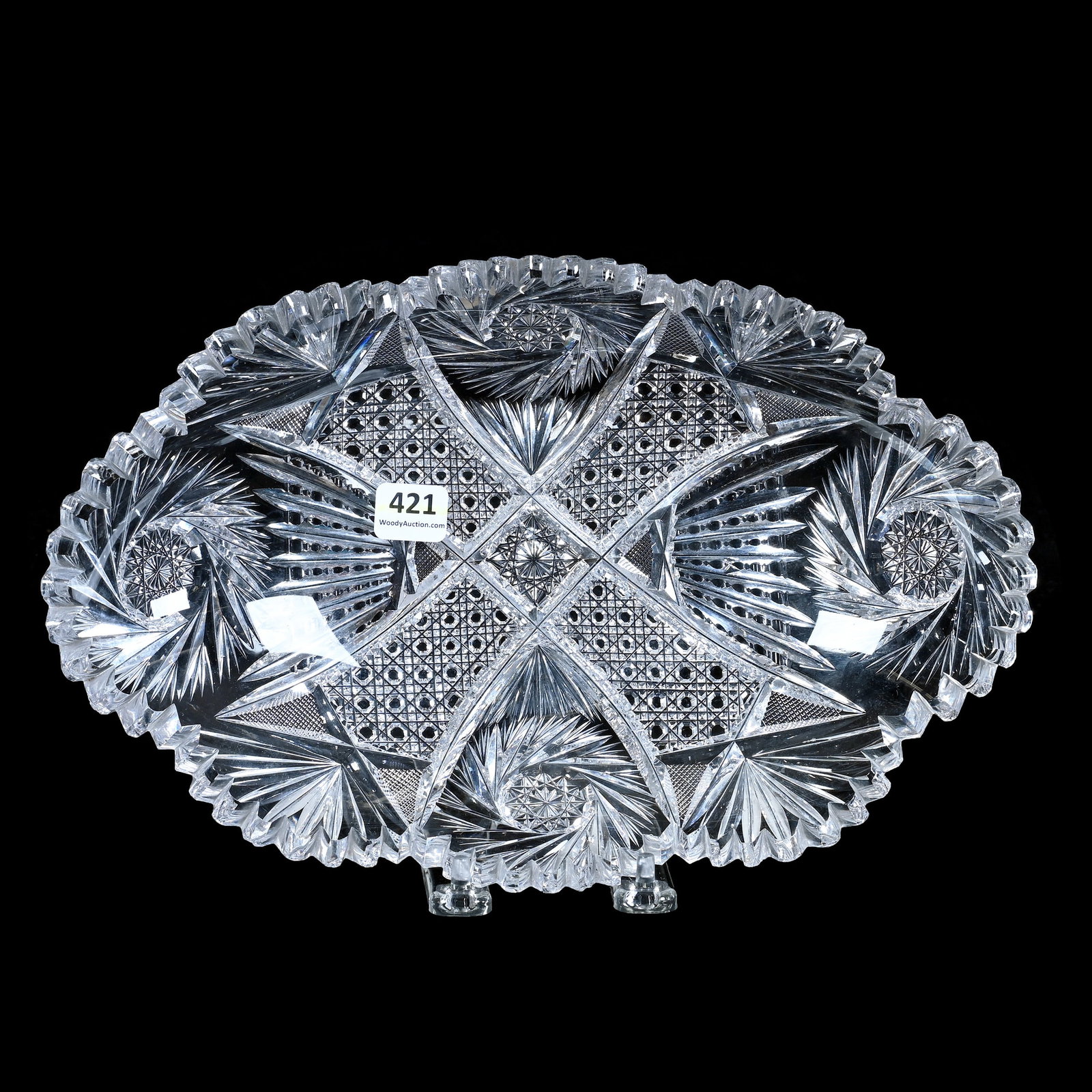 Oval Bread Tray, American Brilliant Cut Glass: Oval Bread Tray, American Brilliant Cut Glass, 11.75 x 7.5 x 2.5 Inches, Four Alternating Sections Of Pinwheel, Cane, Crosscutting, Prism, And Fan Motif, Two Tooth Chips, 4 Pounds, Private Collection,