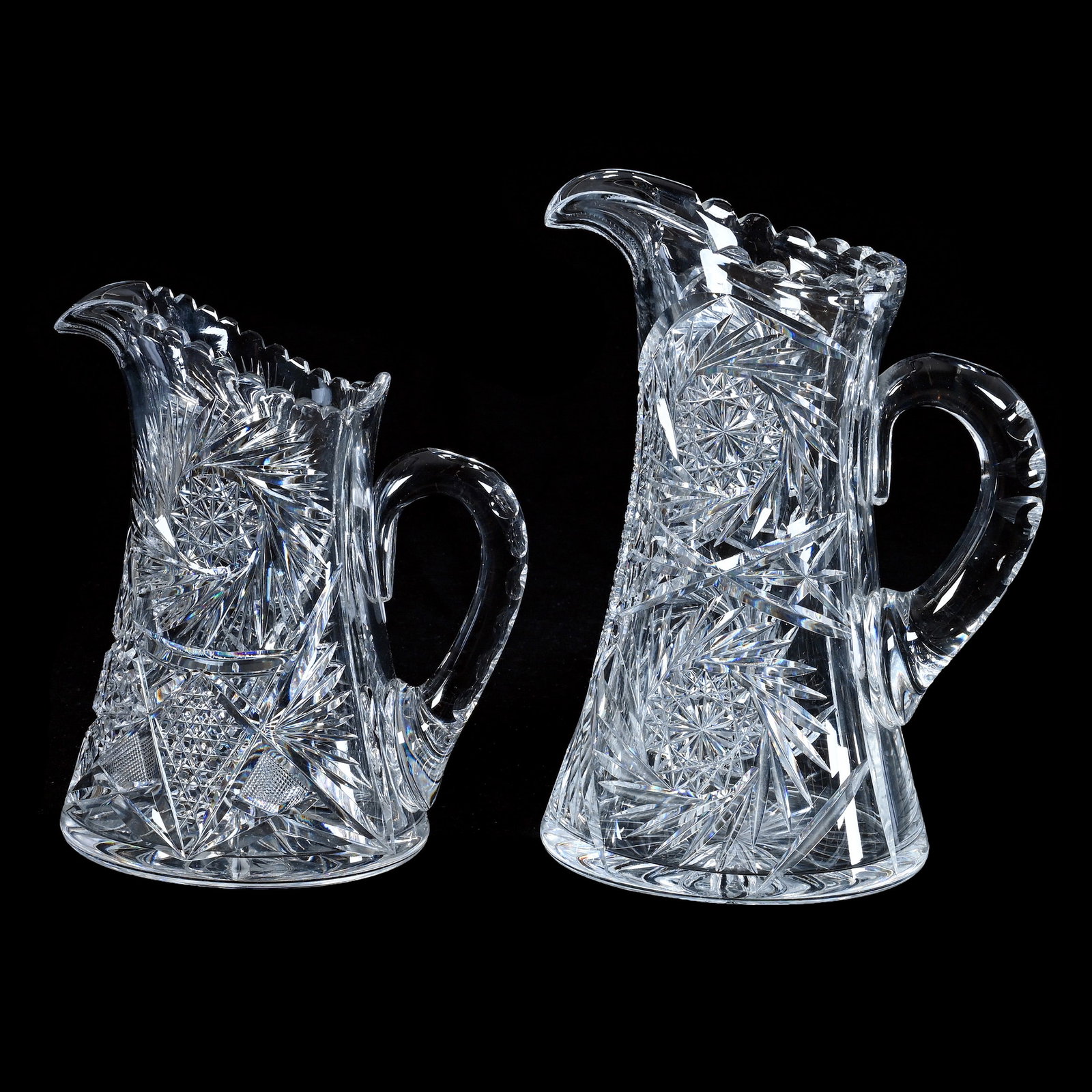 (2) Water Pitchers, American Brilliant Cut Glass: (2) Water Pitchers, American Brilliant Cut Glass, 10.5 x 8 x 6 Inches, (1) Pinwheel, Button, And Fan Motif And (1) 8.75? x 7.5? x 5.75", Pinwheel, Hobstar, Nailhead Diamond, Crosscutting, And Fan Moti