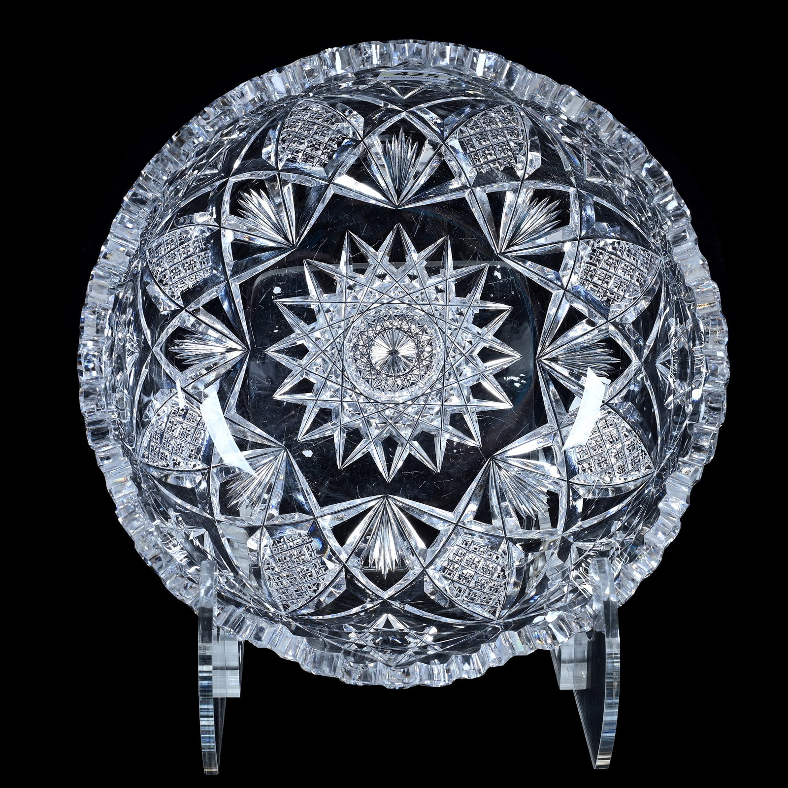 Bowl, American Brilliant Cut Glass, Signed Sinclaire: Bowl, American Brilliant Cut Glass, Signed Sinclaire, 8 x 8 x 3.25 Inches, Hobstar Center With Quarter Diamond, Hobstar, And Fan Border, Clear Blank, 3.3 Pounds, Private Collection, New Jersey. Effect