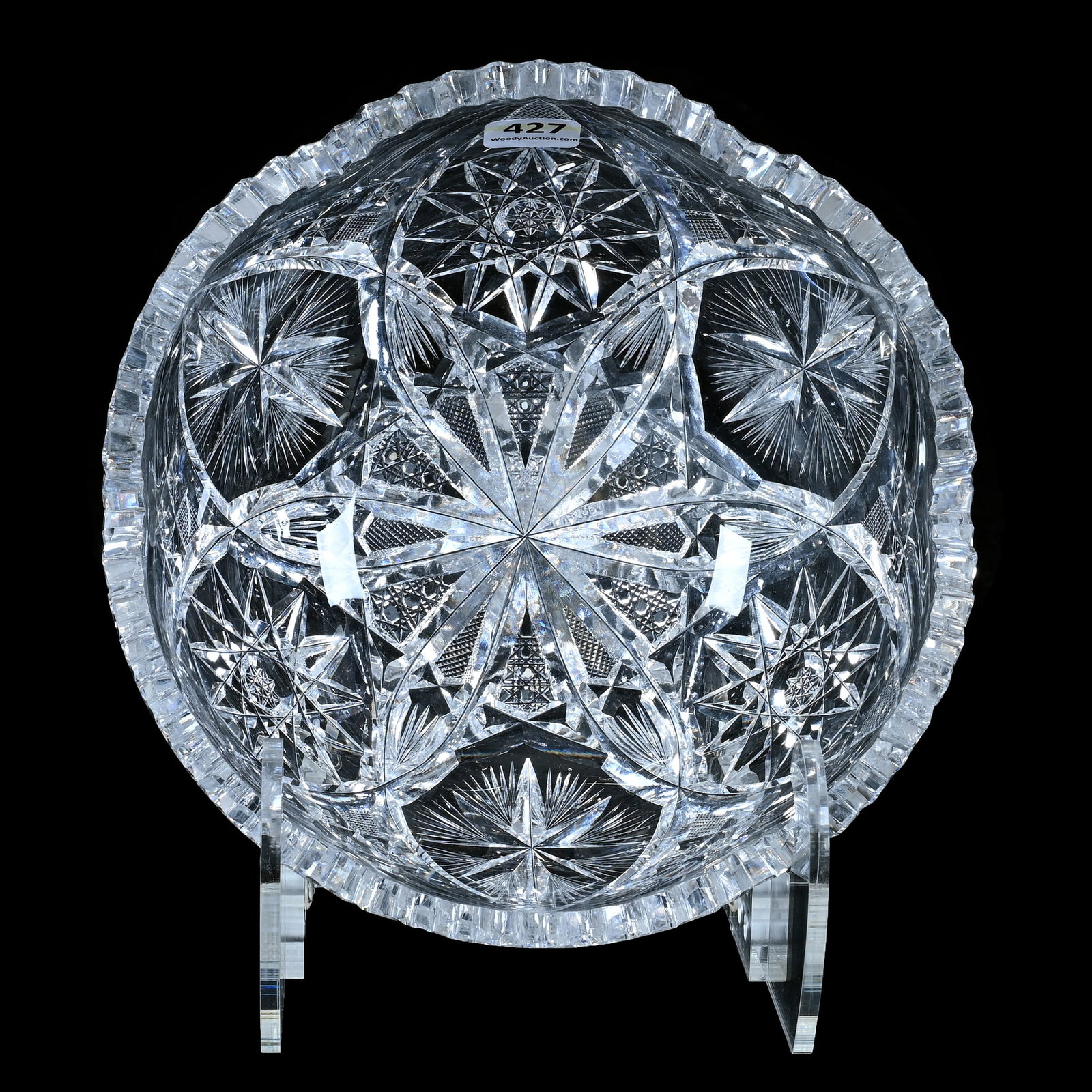 Bowl, American Brilliant Cut Glass, Signed Newark: Bowl, American Brilliant Cut Glass, Signed Newark, 8 x 8 x 3.75 Inches, Three Alternating Sections Of Hobstar, Vesica, Cane, Starburst, Crosscutting, And Fan Motif, 3.3 Pounds, Private Collection, New