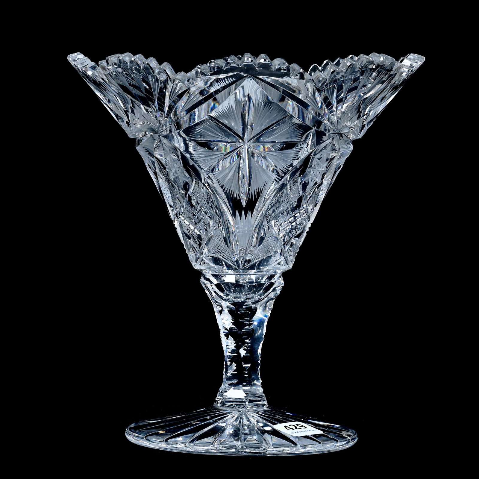 Tazza, American Brilliant Cut Glass, Signed Pitkin & Brooks: Tazza, American Brilliant Cut Glass, Signed Pitkin & Brooks, 7.75 x 7 x 7 Inches, Starburst, Quarter Diamond, Crosscutting, And Fan Motif, Ray Cut Foot, Rim Chips, 2.8 Pounds, Private Collection, New 