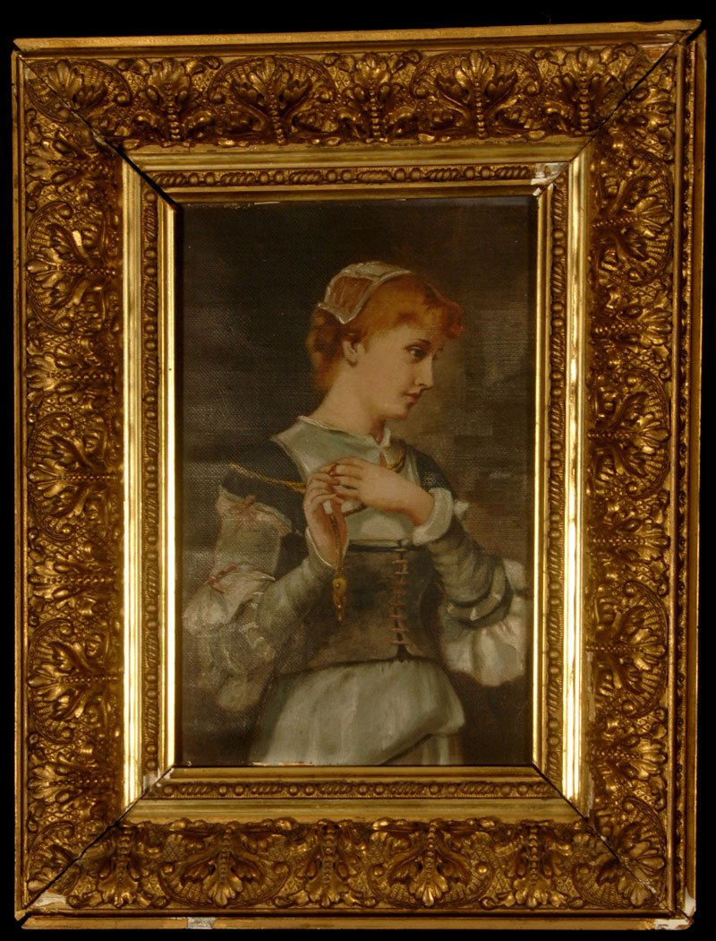 9" X 6" OIL ON CANVAS PAINTING: 9" X 6" OIL ON CANVAS PAINTING SET IN 13 1/2" X 10" GILT WOODEN FRAME - PORTRAIT OF YOUNG WOMAN HOLDING LOCKET - NOTE INDICATES "MARGARET WAS LOVE OF FAUST" - frame with some chipping and damage