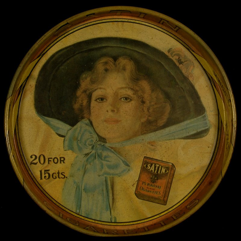 14" METAL TOBACCO ADVERTISING SERVING TRAY: 14" METAL TOBACCO ADVERTISING SERVING TRAY GIBSON GIRL PORTRAIT - "SATIN" BRAND CIGARETTES