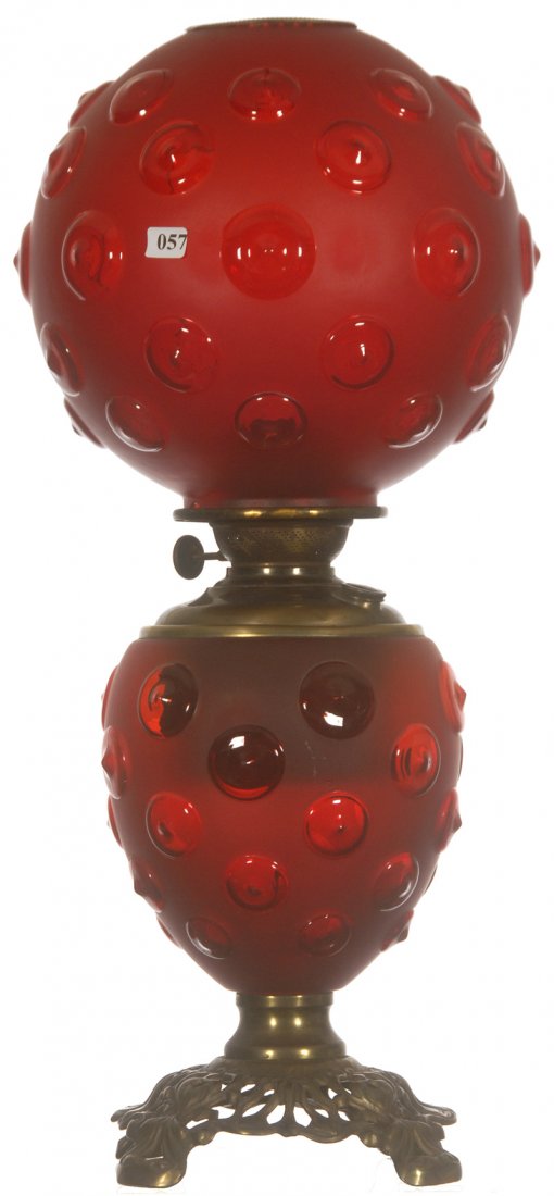 23 1/2" RED SATIN KEROSENE GONE WITH THE WIND LAMP: 23 1/2" RED SATIN KEROSENE GONE WITH THE WIND LAMP BULLSEYE PATTERN - shade with base chip