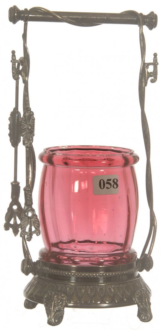 10" PICKLE CASTOR: 10" PICKLE CASTOR CRANBERRY INSERT SET ON WILCOX SILVERPLATE FRAME - NO LID