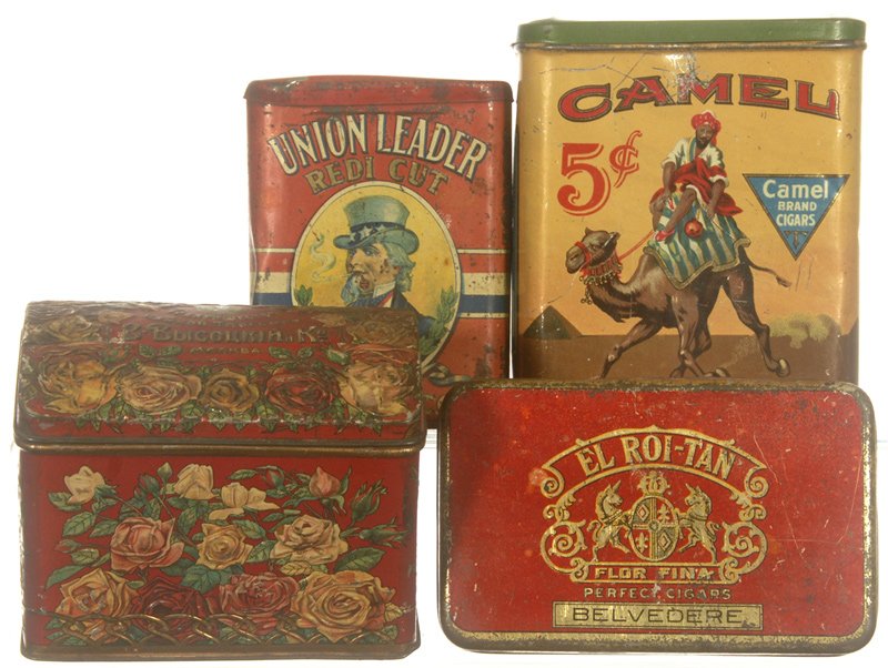 (4) TOBACCO ADVERTISING TINS: (4) TOBACCO ADVERTISING TINS (1) 5" RUSSIAN WITH FLORAL DESIGN - (1) 5 1/2" CAMEL FIVE CENT TIN - (1) 4 1/2" UNION LEADER TIN - (1) 5 1/2" EL ROI TAN TIN