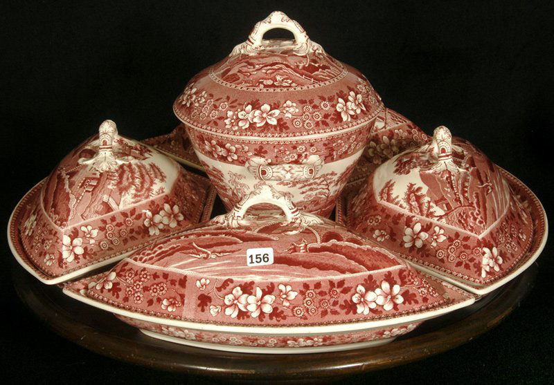 ORIGINAL FIVE PIECE COPELAND "SPODE'S TOWER" LAZY: ORIGINAL FIVE PIECE COPELAND "SPODE'S TOWER" LAZY SUSAN (4) 14" SECTIONAL COVERED CASSEROLE DISHES WHICH TOGETHER MAKE UP CIRCULAR FORM AROUND 9 1/2" COVERED TWO HANDLED TUREEN - RED AND WHITE TONES -
