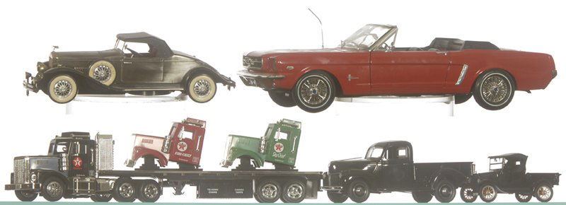 (5) SCALE MODEL VEHICLES: (5) SCALE MODEL VEHICLES INCLUDES (1) 1940 FORD PICKUP BY FRANKLIN MINT - (1) 1925 FORD MODEL T PICKUP - (1) BATTERY POWERED ROLLS ROYCE - (1) 1964 1/2 FORD MUSTANG BY ERTL - (1) TEXACO FLAT BED BATTE