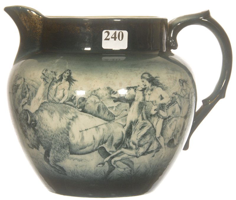 6 1/2" BUFFALO POTTERY CIDER PITCHER: 6 1/2" BUFFALO POTTERY CIDER PITCHER GREEN AND WHITE TONES WITH INDIAN BUFFALO HUNT SCENE - pro spout repair
