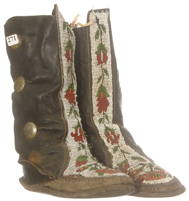 PAIR 12" INDIAN BEADED LEATHER BOOTS: PAIR 12" INDIAN BEADED LEATHER BOOTS SOME BEAD DAMAGE - OVERALL NICE CONDITION