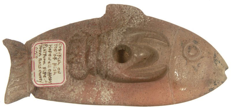 1" X 4 1/2" HOPEWELL EFFIGY PLATFORM PIPE: 1" X 4 1/2" HOPEWELL EFFIGY PLATFORM PIPE CRAYFISH ON FISH DESIGN - ROSS COUNTY, OHIO