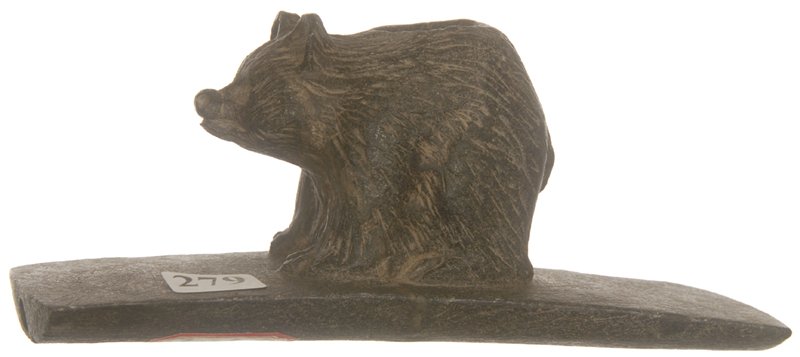 3 3/4" X 7 1/4" STEATITE BEAR EFFIGY PLATFORM PIPE: 3 3/4" X 7 1/4" STEATITE BEAR EFFIGY PLATFORM PIPE NOTE INDICATED RACCOON - WAYNE COUNTY, KENTUCKY