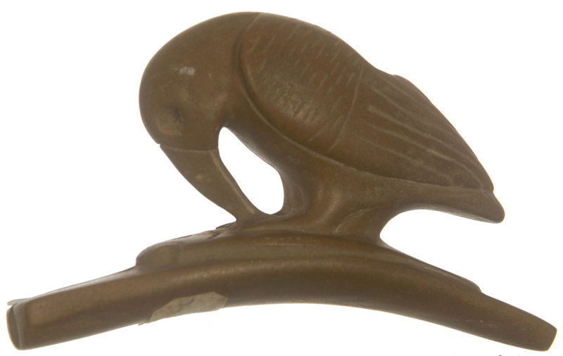 2 1/4" X 4" PREHISTORIC EFFIGY PLATFORM PIPE: 2 1/4" X 4" PREHISTORIC EFFIGY PLATFORM PIPE SMOOTH BROWN STONE WITH BIRD ON FISH DESIGN - LOCATION LABEL WORN AWAY