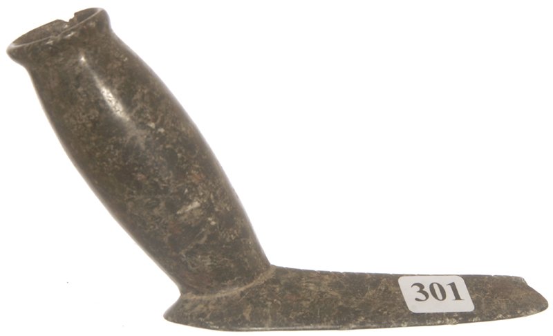 4" X 6" PREHISTORIC OBTUSE ANGLE PLATFORM STONE PIPE: 4" X 6" PREHISTORIC OBTUSE ANGLE PLATFORM STONE PIPE HIGHLY POLISHED BLUE STONE WITH MULTI-COLORED MOTTLED DESIGN - BUTLER COUNTY, TENNESSEE