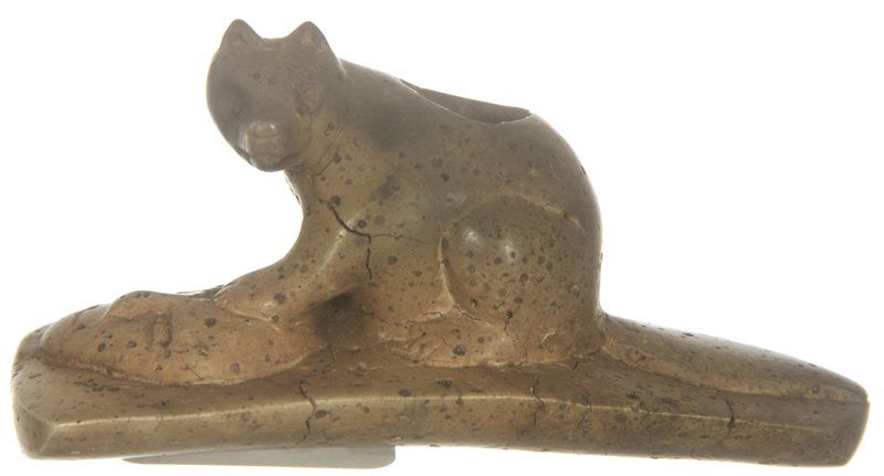 1 1/2" X 2 3/4" PREHISTORIC STONE EFFIGY PIPE: 1 1/2" X 2 3/4" PREHISTORIC STONE EFFIGY PIPE BEAVER AND HUMAN MASK DESIGN - HIGHLY POLISHED GRAY AND CREAM STONE - NO LOCATION INDICATED