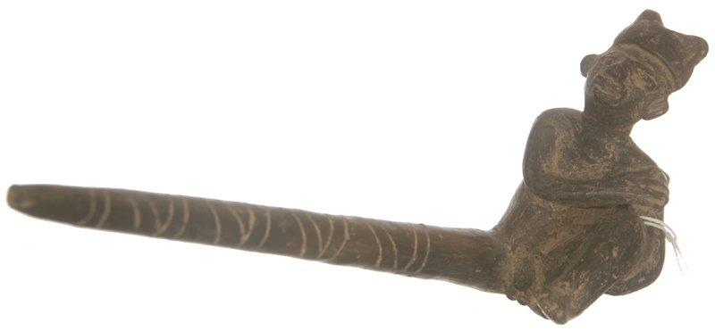 7 1/2" PREHISTORIC EFFIGY STONE PIPE: 7 1/2" PREHISTORIC EFFIGY STONE PIPE ABORIGINAL FIGURE - LEG MADE INTO STEM OF PIPE